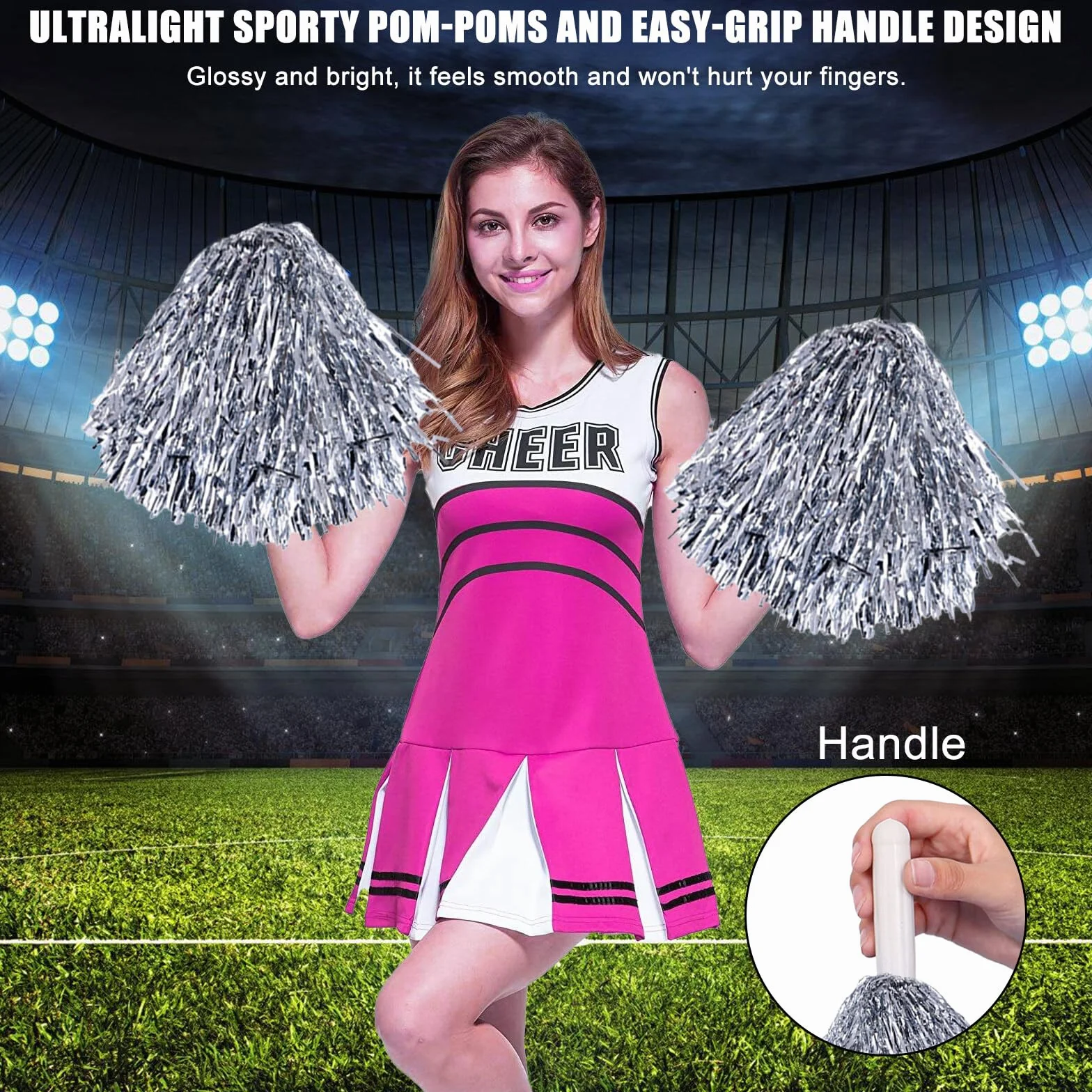 12 pomponów cheerleaderek: pompony cheerleaderki z uchwytami, piękne pompony cheerleaderki, wstążki kwiatowe, metaliczne pompony, cheerleaderki, do zawodów sportowych, tańca, dla dorosłych i dzieci
