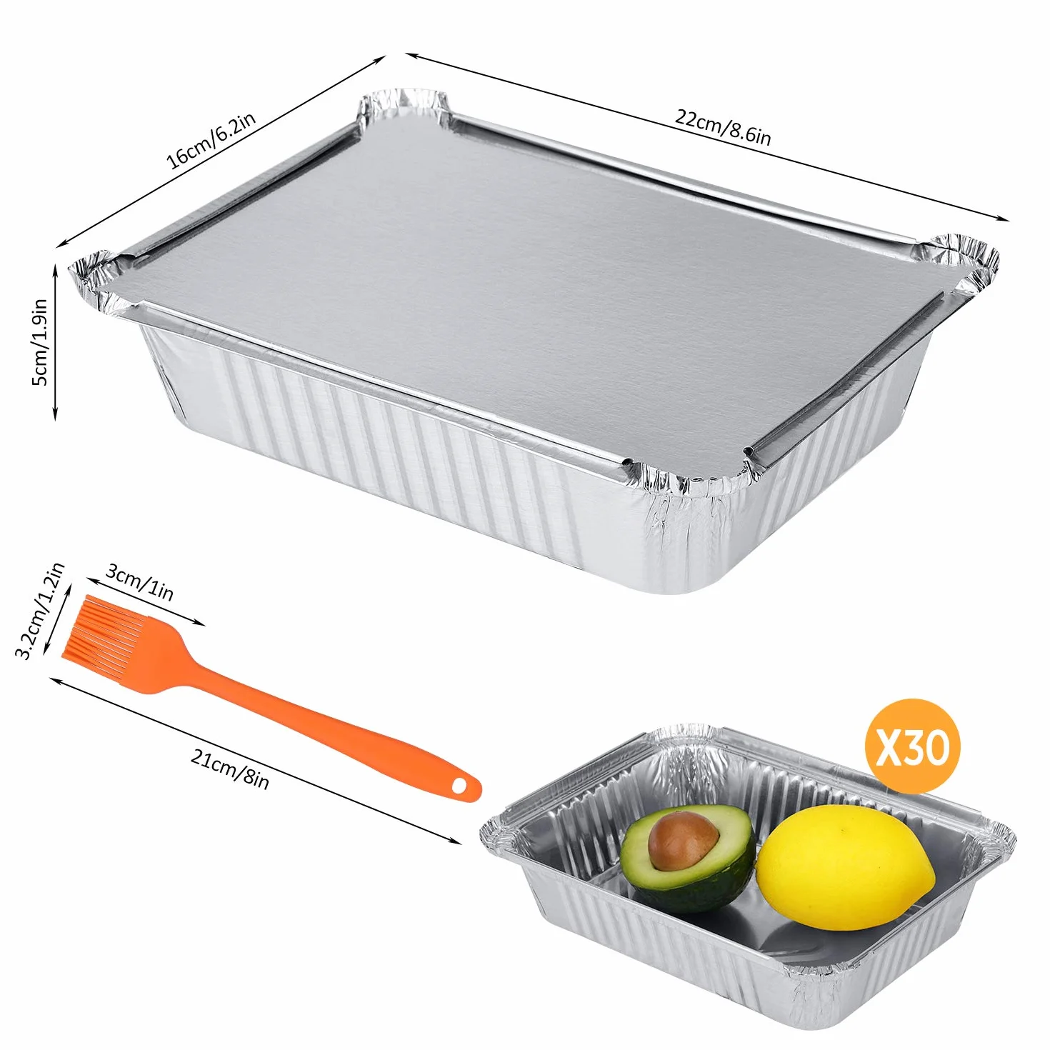 30 tacek z folii aluminiowej z pokrywkami i szczotką do grilla, 22 x 16 x 5 cm / 1000 ml pojemniki na żywność, tacki gastronomiczne do przygotowywania i serwowania jedzenia na wynos i na imprezę