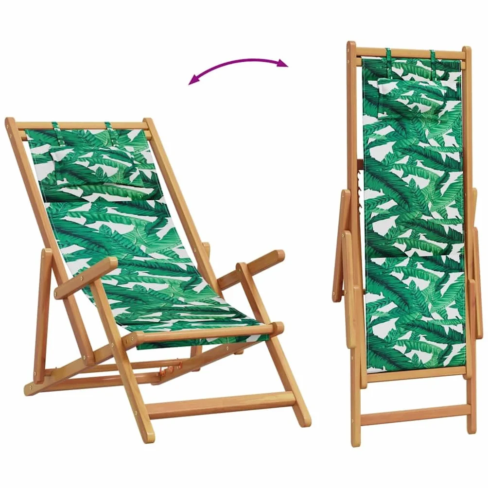 vidaXL Składane krzesło plażowe, wzór w liście, eukaliptus i tkanina, krzesło ogrodowe, krzesło do ogrodu, krzesła ogrodowe, krzesło na plażę