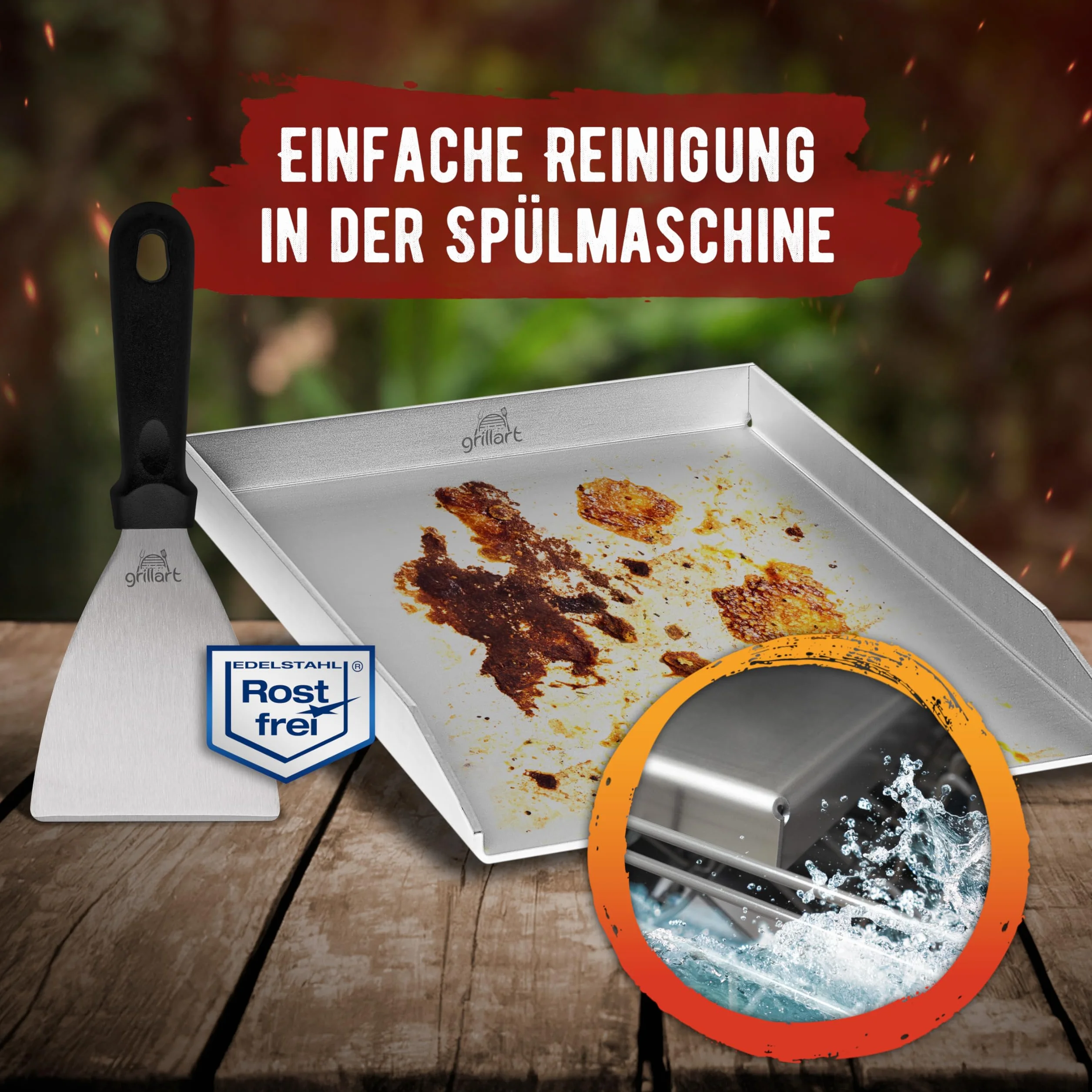 grillart® Premium Plancha grillowa z szpachelką do grilla z masywnej stali nierdzewnej 4 mm, rozmiar uniwersalny 30 x 40 cm, nadaje się do kuchenek indukcyjnych - mycie w