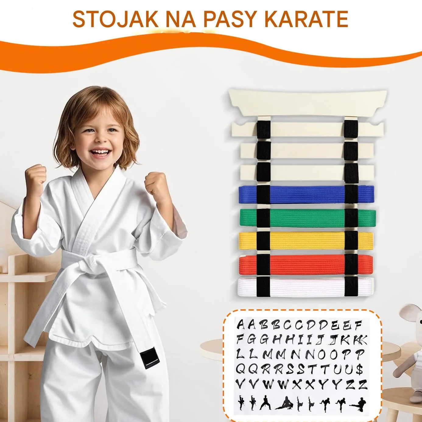 Stojak Na Pasy Karate - Stojak do Eksponowania Pasów Sztuk Walki z Wieszakiem i Naklejkami - Bez Montażu Na Sprzęt Sportowy Dla Dzieci I Dorosłych
