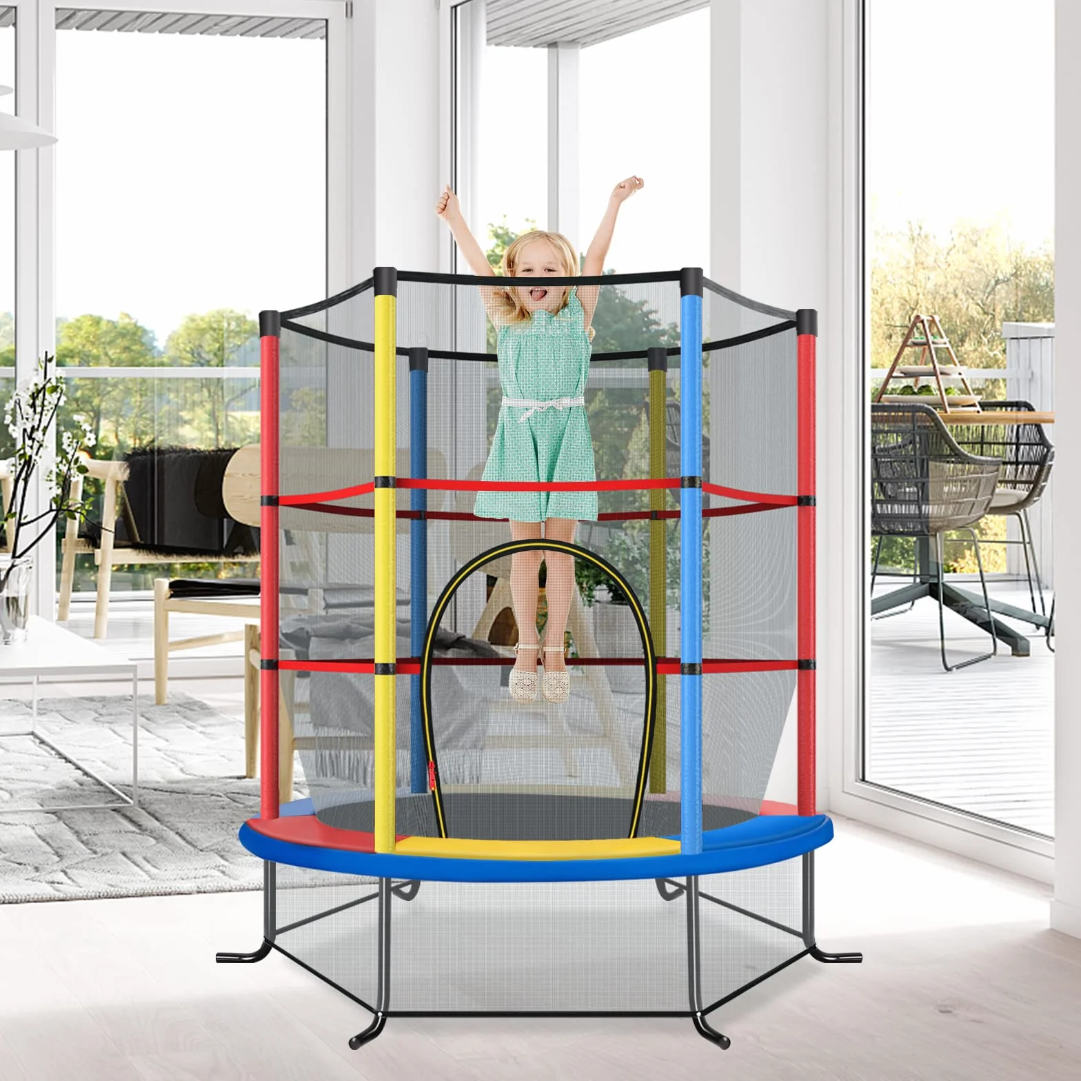 COSTWAY Trampolina ogrodowa o średnicy 165 cm z siatką zabezpieczającą, obciążenie do 135 kg, trampolina do użytku wewnątrz i na zewnątrz, dla dzieci od 3 lat