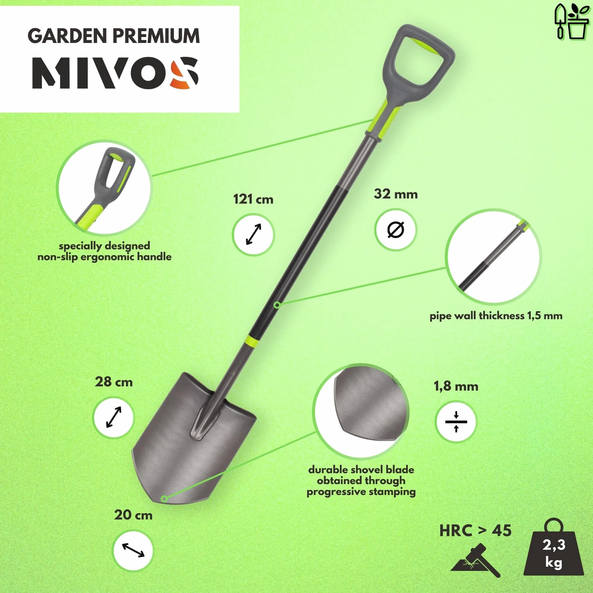 Mivos Profesjonalny Szpadel Spiczasty z Hartowanej Indukcyjnie Stali Borowej - 121 cm - Wzmocniona Konstrukcja - Ergonomiczny - Ostry Szpadel Budowlany Ogrodowy - Wyprodukowany w Polsce