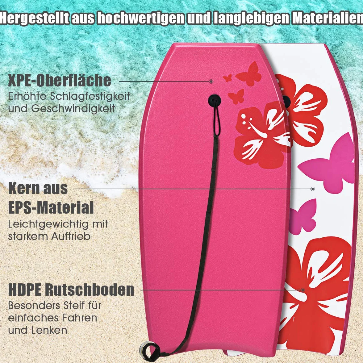 Costway Bodyboard deska do pływania 104 x 51 x 6 cm różowa i biała