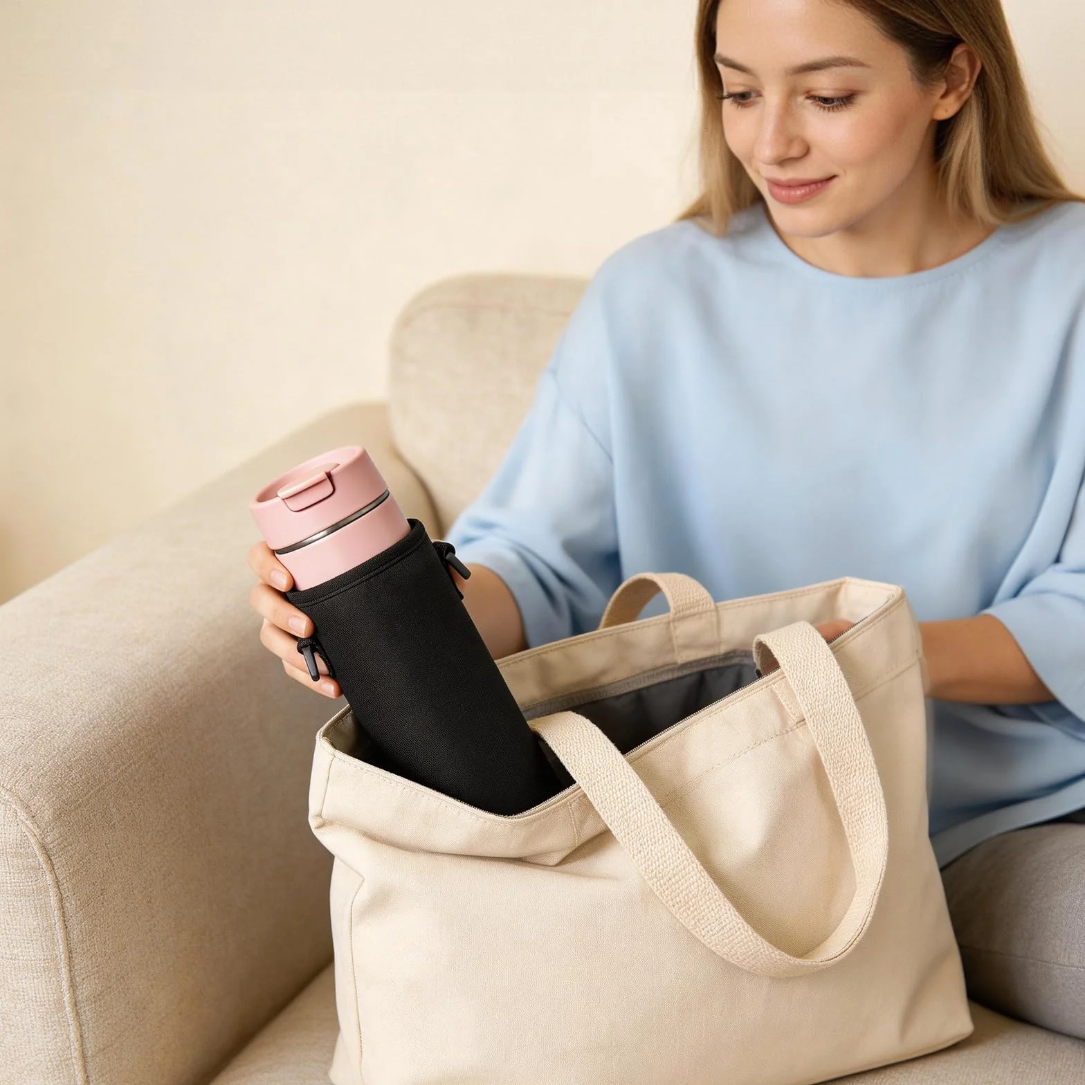Neopren Wasserflaschenhülle 1L mit Gurt Thermohalter für Edelstahl und Plastikflaschen Schwarz