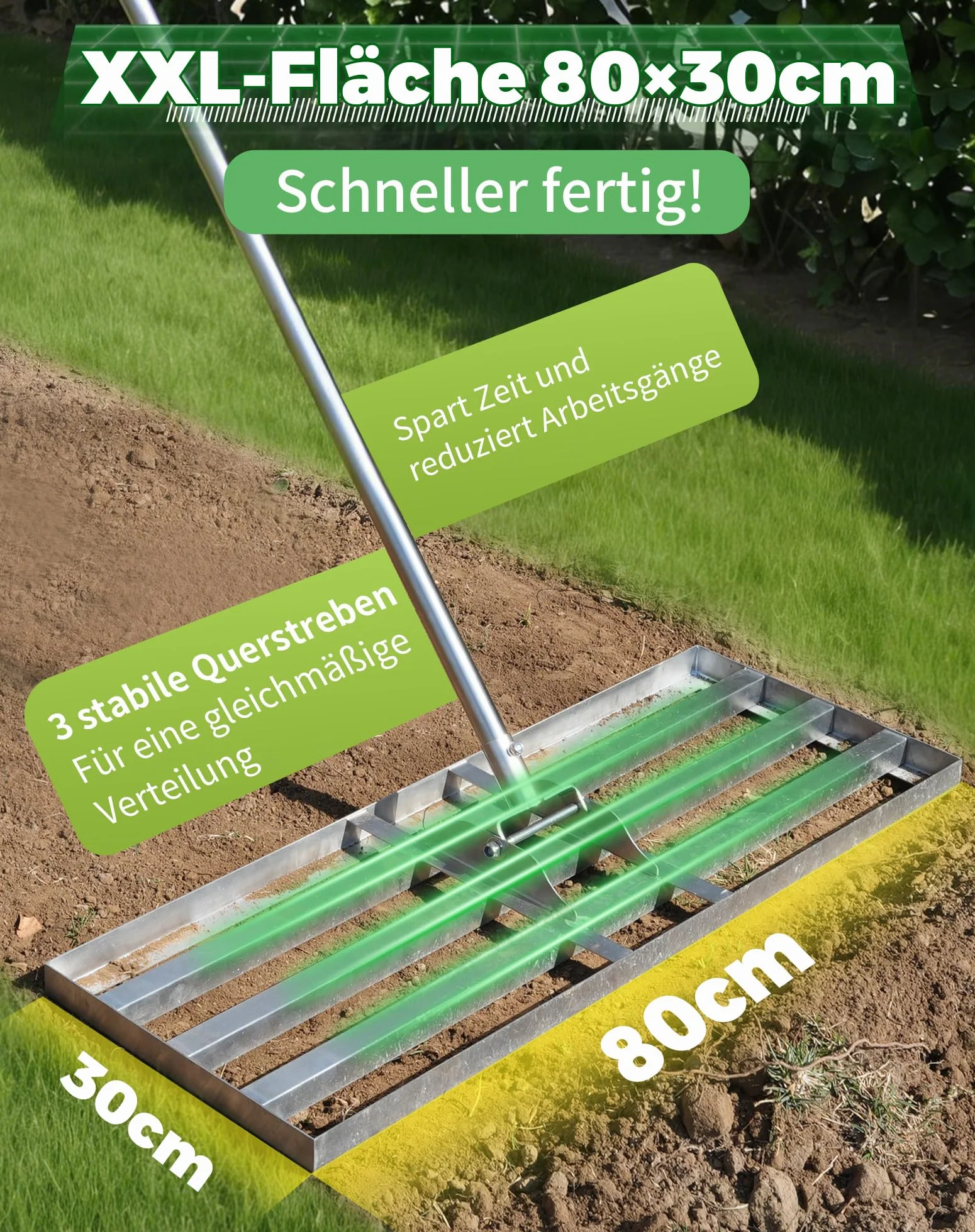 GrabiNivelator do trawnika 80×30 cm z regulowanym metalowym trzonkiem (140‑215 cm) – Grabie do wyrównywania, piaskowania i pielęgnacji trawnika, ogrodu i pola golfowego