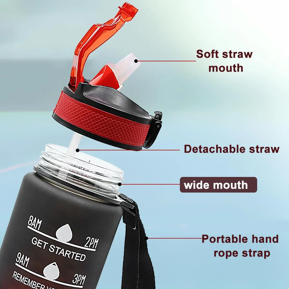Butelka wodna sportowa 1L ze słomą i markerem czasu, BPA Free Duża butelka do siłowni 1000ml z liną do przenoszenia, szczelny flip top z zamką bezpieczeństwa do pieszych wycieczek