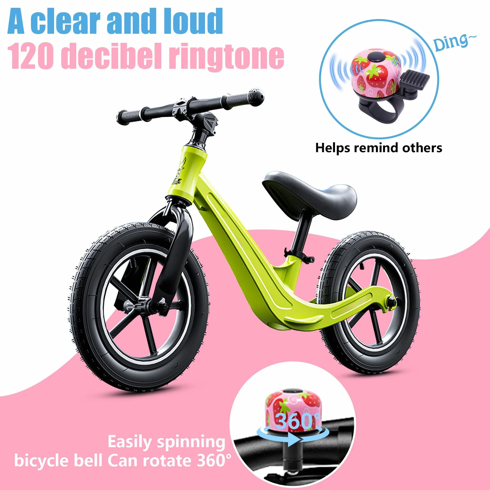 Dzwonek rowerowy dla dzieci, dziewczynek, z motywem truskawek, odpowiedni dla dziewcząt, chłopców i dorosłych, odpowiedni do rowerów wyścigowych, skuterów i rowerów górskich, 2 sztuki
