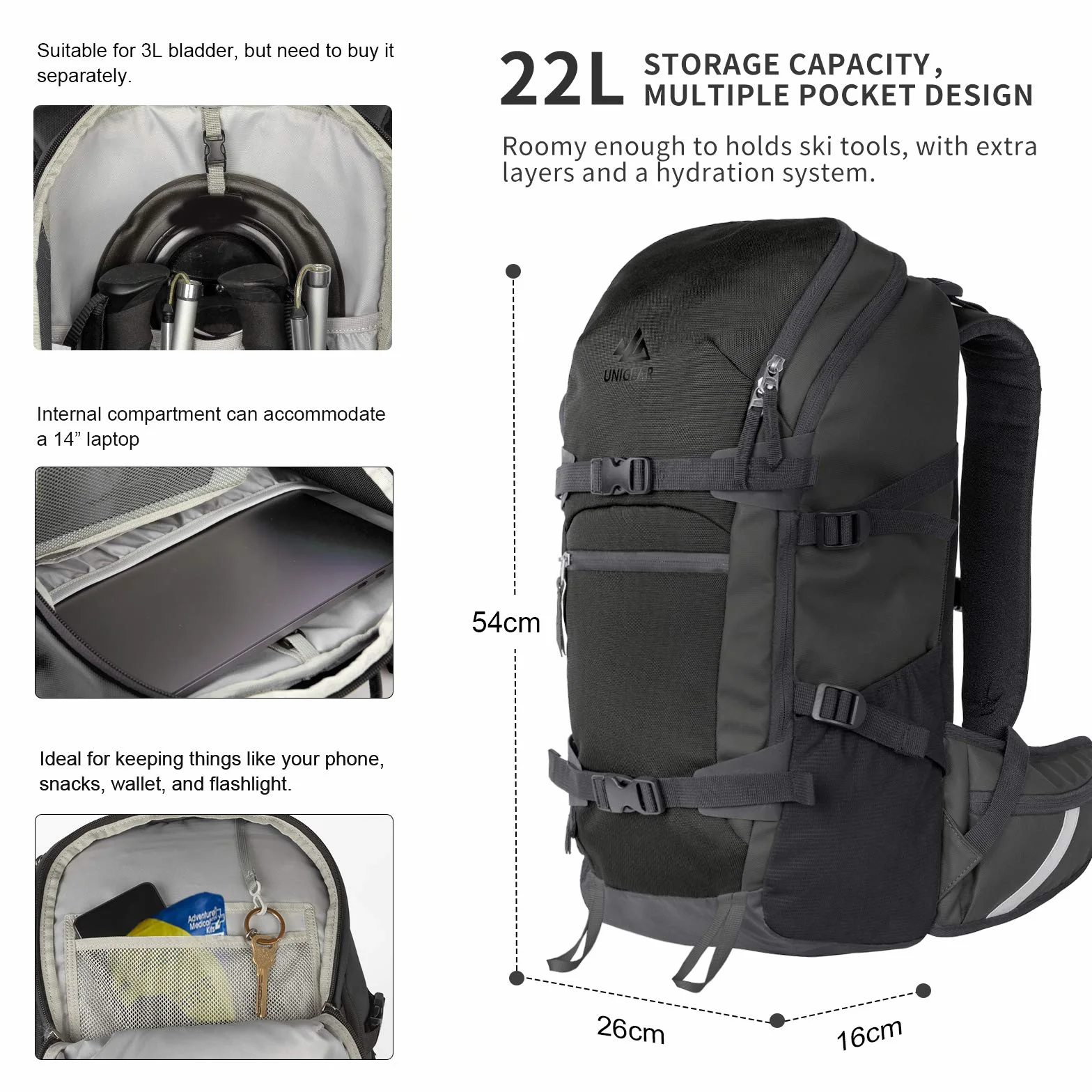Unigear Plecak narciarski, snowboard, plecak turystyczny, nawodnienie, outdoor, sporty zimowe, wędrówki, trekking, jazda na rowerze, 22 l
