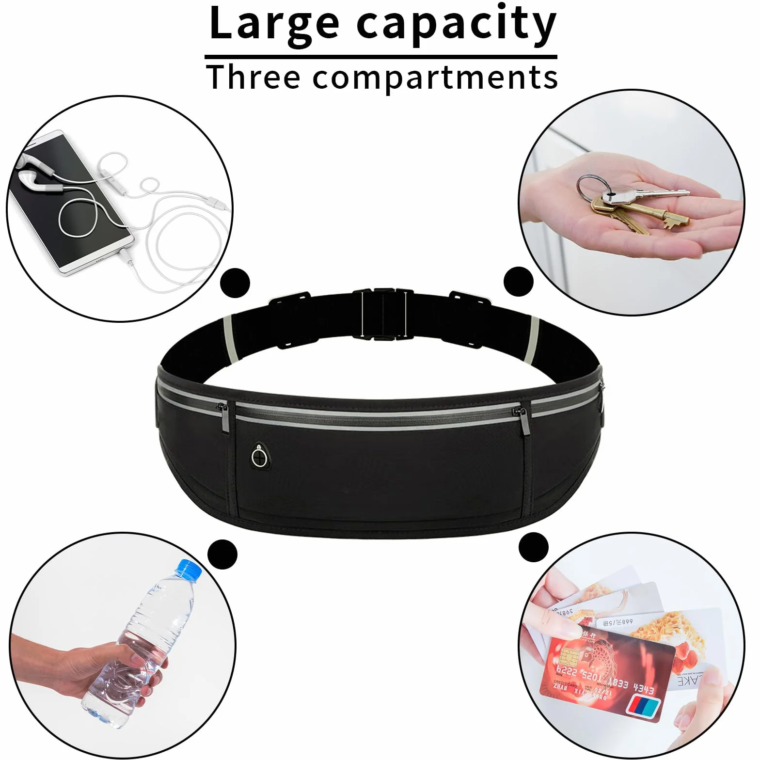 Torba do biegania unisex z uchwytem na telefon, trzy kieszenie, regulowana klamra
