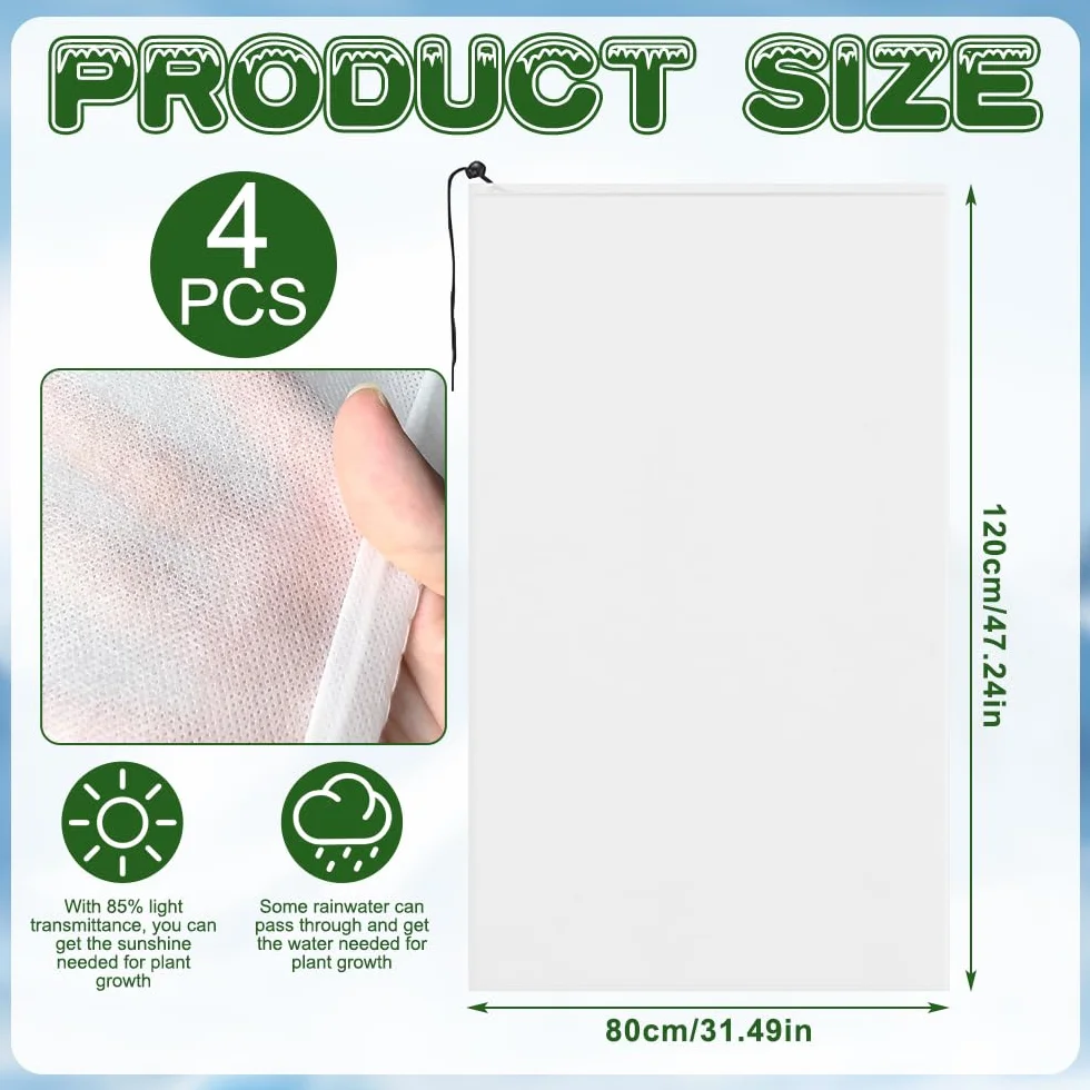 Zimowa ochrona roślin, 4 sztuki, ochrona roślin doniczkowych, 120 x 80 cm, ochrona roślin na zimę, z zamkiem błyskawicznym i ściągaczem, oddychająca, odporna na rozerwanie, ochrona przed mrozem