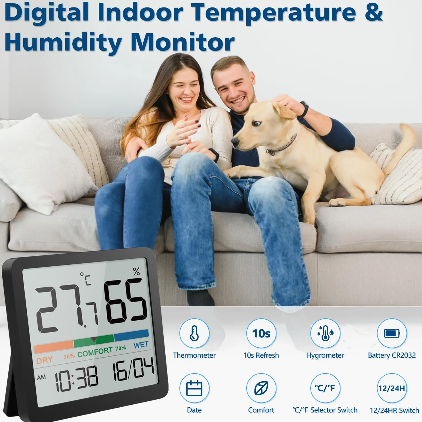 NOKLEAD Cyfrowy termometr środowiskowy higrometr wewnętrzny monitor temperatury i miernik wilgotności z zegarem Data Wskaźnik komfortu Wyświetlacz kalibracji do sypialni (2, Czarny, 7cm)