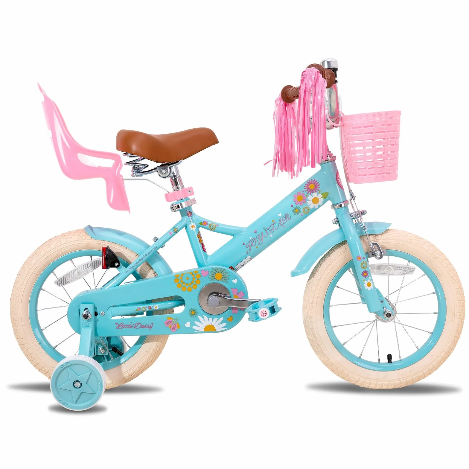 JOYSTAR Little Daisy 12/14/16" rower dziecięcy dla dziewczynek z kółkami podporowymi, koszem, niebieski różowy biały