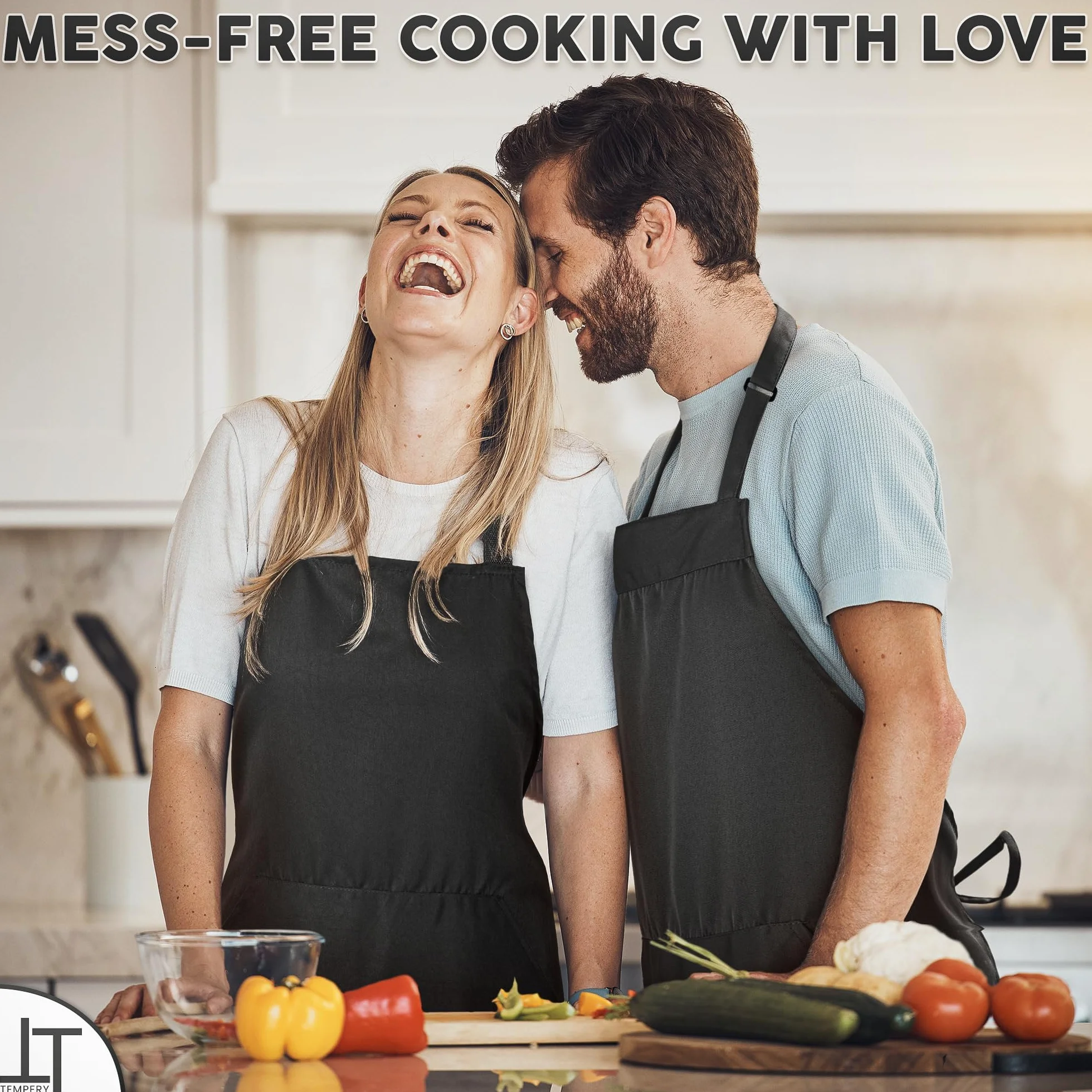 Kitchen Apron for Men & Women - Adjustable Black Apron w/ 1 Large Pocket - 80% Polyester + 20% Cotton Apron for Cooking, Baking, Cleaning & More
