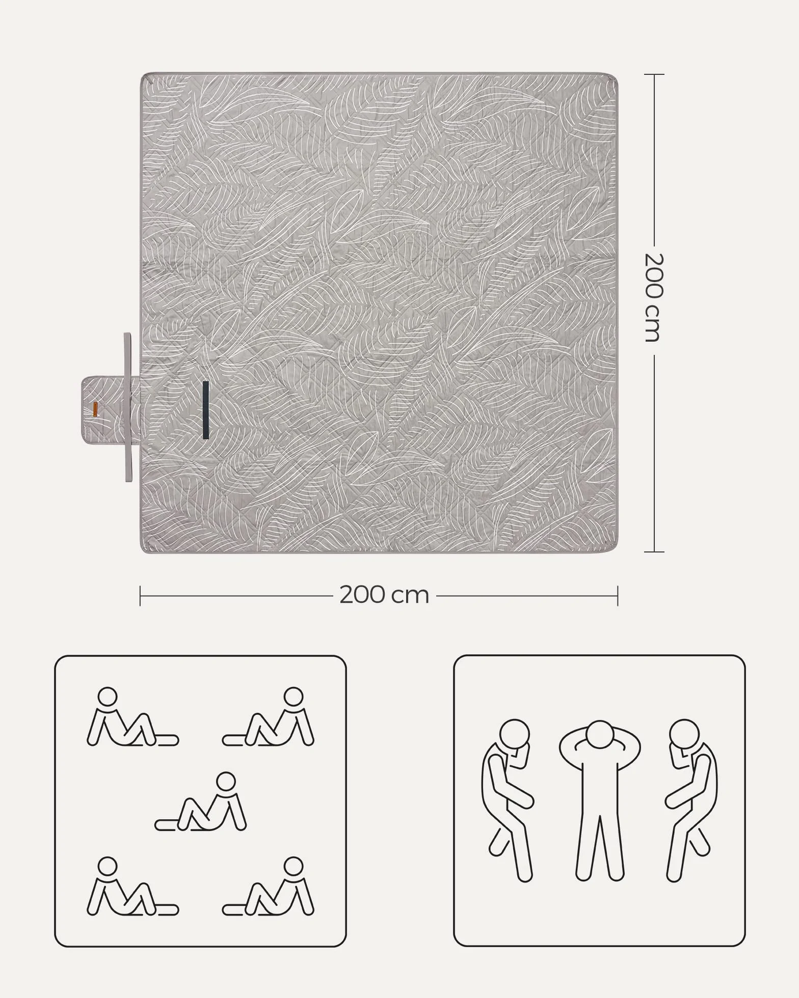 SONGMICS GCM010B02 Koc piknikowy 200 x 200 cm, z 4 śledziami, duża mata piknikowa do parku, na plażę, wodoodporny, można prać w pralce, składany, wzór liści, khaki