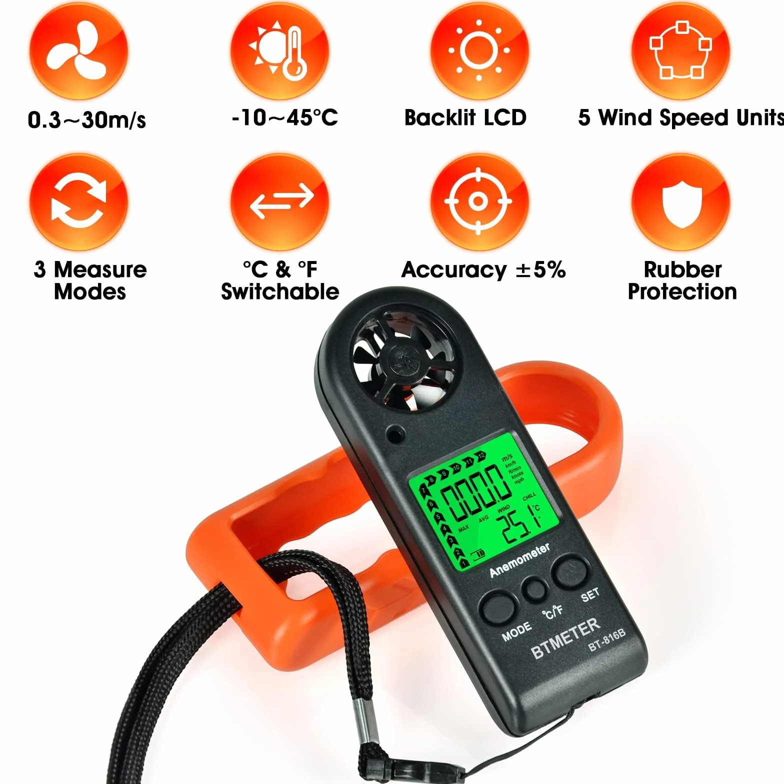 Anemometr ręczny - BTMETER BT-816B Cyfrowy miernik prędkości wiatru z podświetlanym termometrem do drona strzeleckiego HVAC CFM, precyzyjna dokładność +/- 5% 2℃