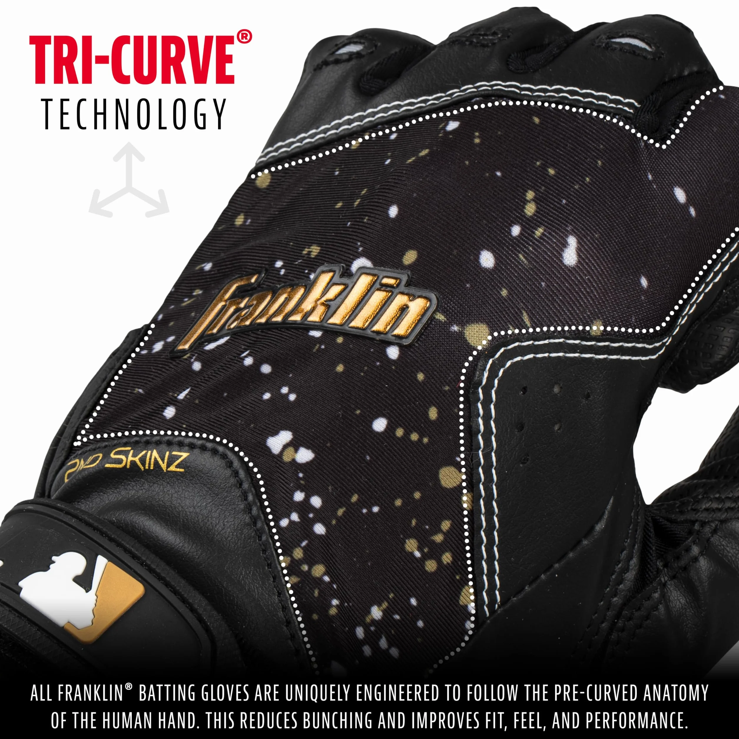 Franklin Sports MLB Batting Gloves - 2nd Skinz Drip Baseball + Softball Batting Gloves - Adult + Youth Premium Leather Pair - Black + Gold - Adult Medium