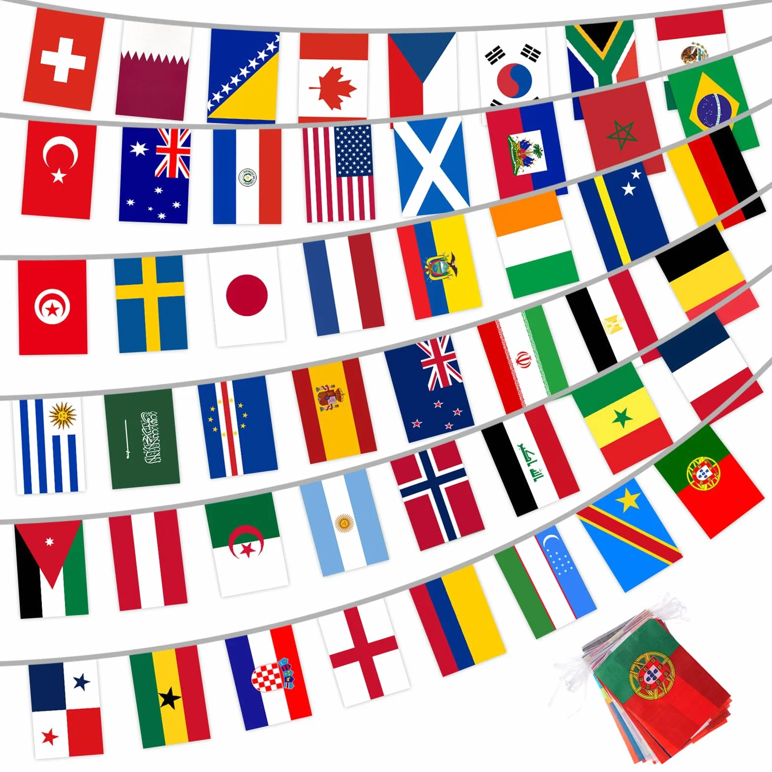 Łańcuch flag na MŚ 2026, 48 krajów, girlanda z flagami Mistrzostw Świata, 28 x 20 cm lub 20 x 14 cm, ok. 20 m / 15 m, dekoracja do klubu, ogródka piwnego, USA, Meksyk, Kanada, rachunek VAT (20 x 14 cm