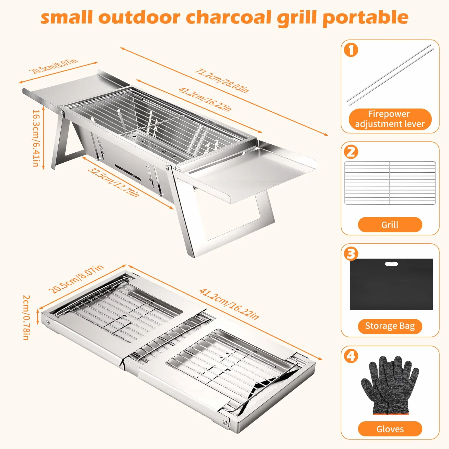 Przenośny, składany grill na węgiel drzewny – kompaktowy grill stołowy i podłogowy z żelaza, na kemping, piknik, plażę i do ogrodu, w zestawie torba na grill, rękawiczki i popielnik, idealny dla 2-5