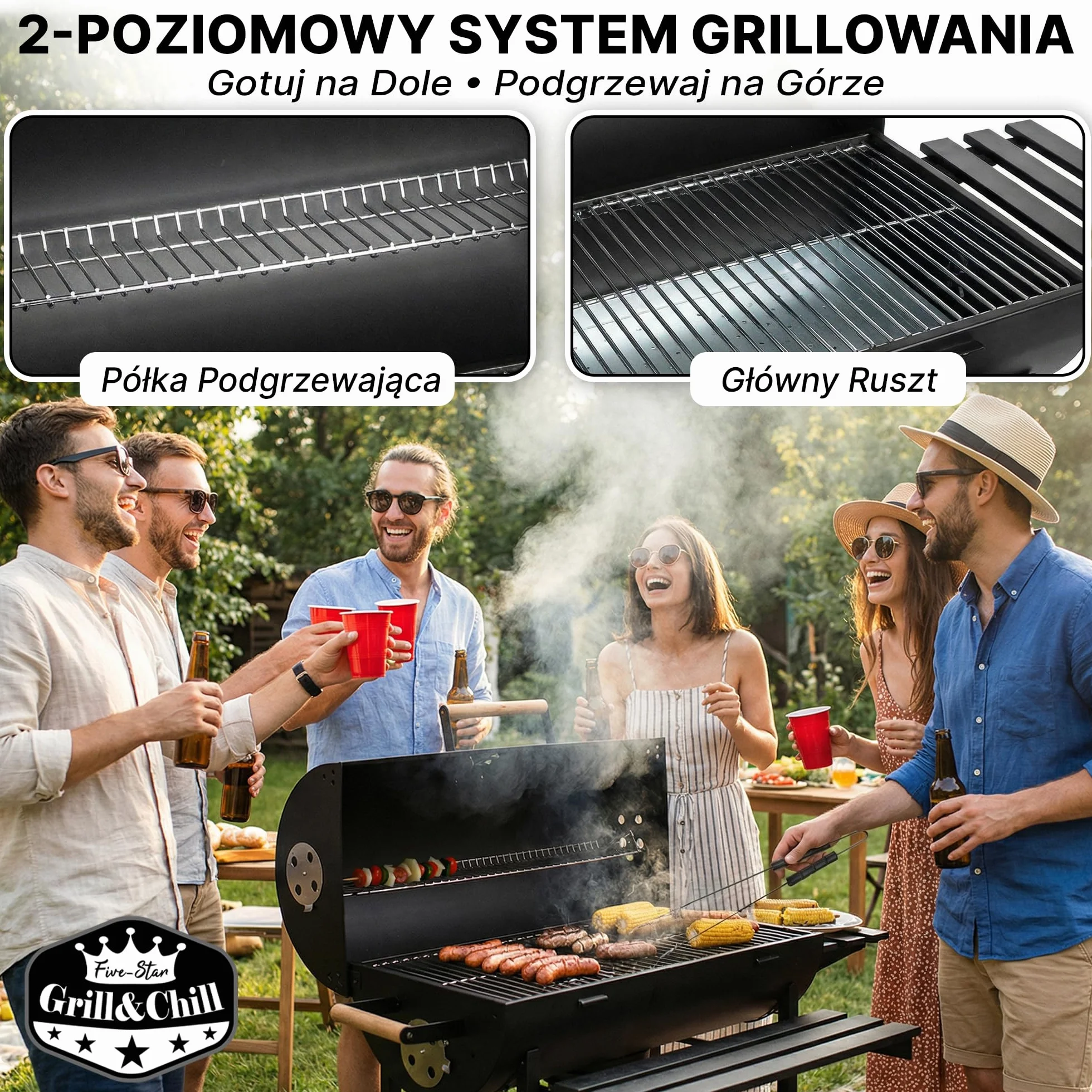 Five-Star Grill & Chill Grill Gril Węglowy - Grill Ogrodowy z Pokrywą, Koła, Półki, Grill Przenośny, powierzchnia rusztu 71 x 35 cm, model GC0002