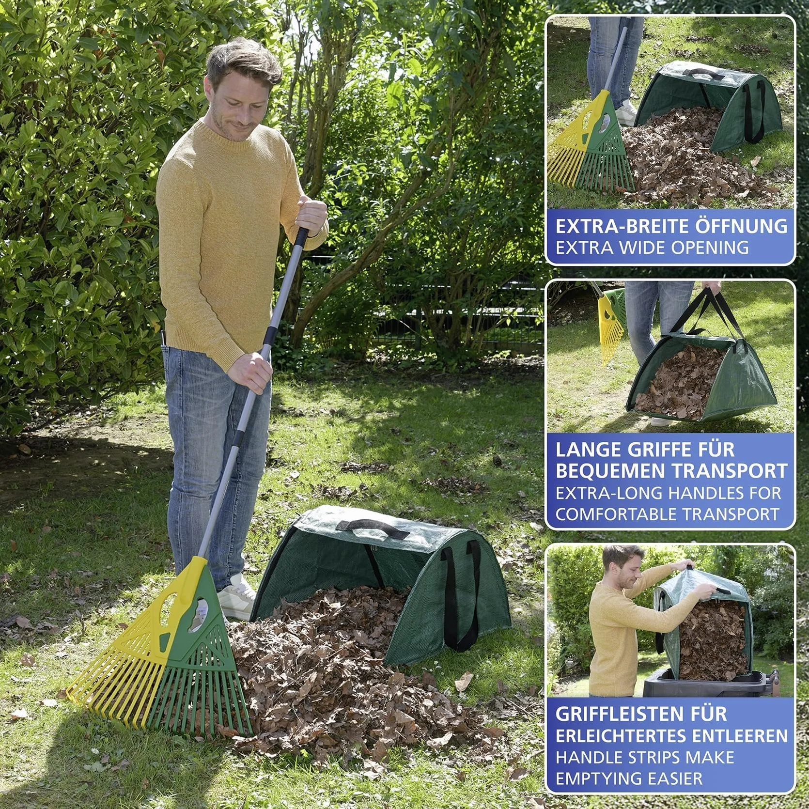 Narzędzie ogrodowe, model XL, efektywne zbieranie liści z krawędzią zamiatającą, przyjazne dla środowiska, z tworzywa sztucznego PP i włókna szklanego, zielony, 50 x 35 x 75 cm