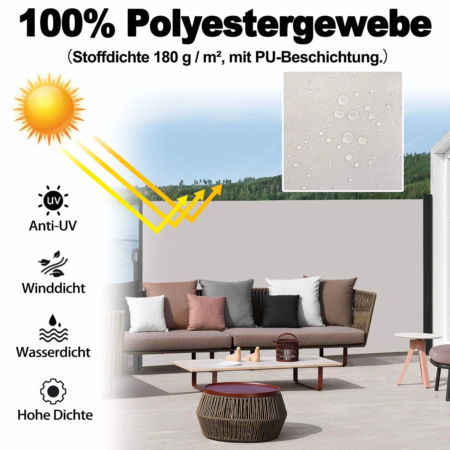 UISEBRT Markiza boczna, wysuwana ochrona przed wzrokiem, 200 x 300 cm - markiza z boku, ochrona przed wiatrem, na taras, balkon, do ogrodu (szara)