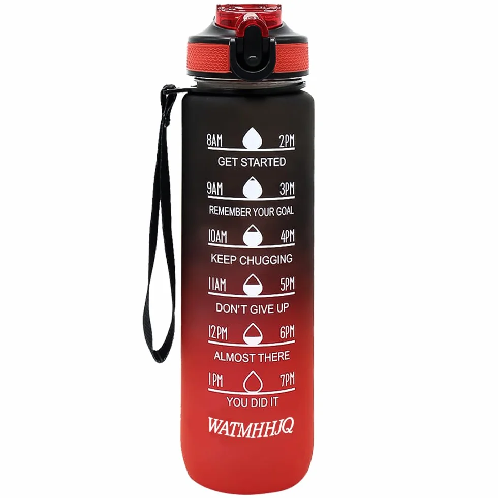 Butelka wodna sportowa 1L ze słomą i markerem czasu, BPA Free Duża butelka do siłowni 1000ml z liną do przenoszenia, szczelny flip top z zamką bezpieczeństwa do pieszych wycieczek
