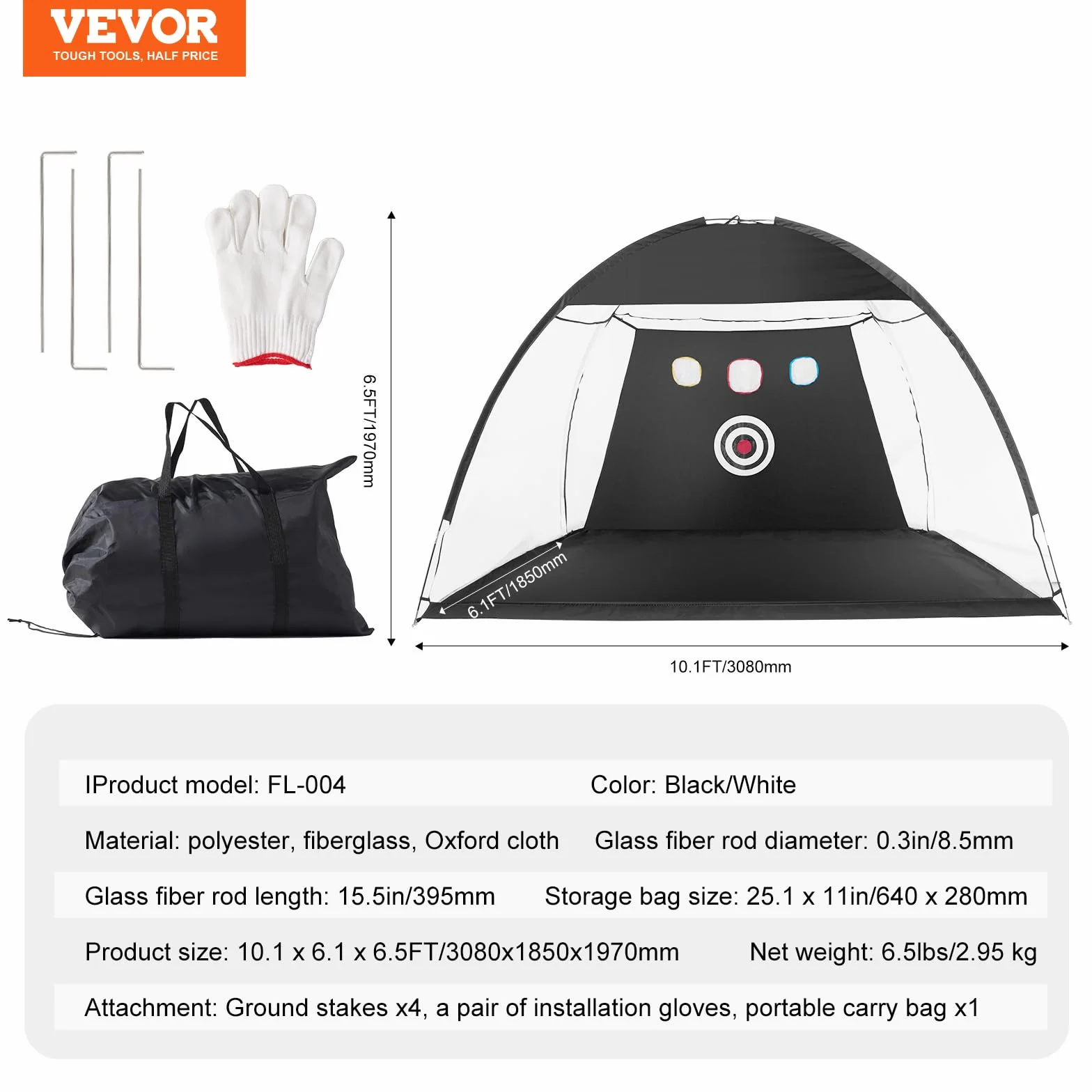 VEVOR Siatka do ćwiczeń golfowych – 3 x 2 m pomoc treningowa do wewnątrz i na zewnątrz z torbą do przenoszenia, idealna do jazdy na podwórku, odprysków, prezent dla miłośników golfa, Czarny, 10x7Ft