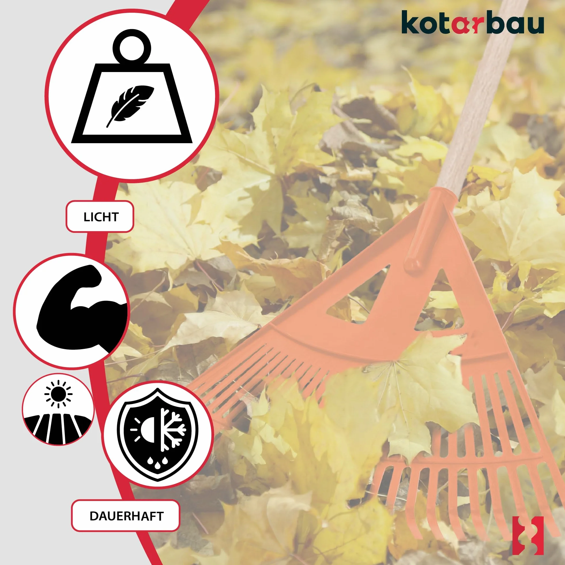 KOTARBAU Wytrzymała grabie 475 mm, miotła do liści, grabie wachlarzowe, wachlarz do liści, grabki, narzędzia ogrodowe, pomarańczowa, łamanie liści z tworzywa sztucznego, bez trzonka