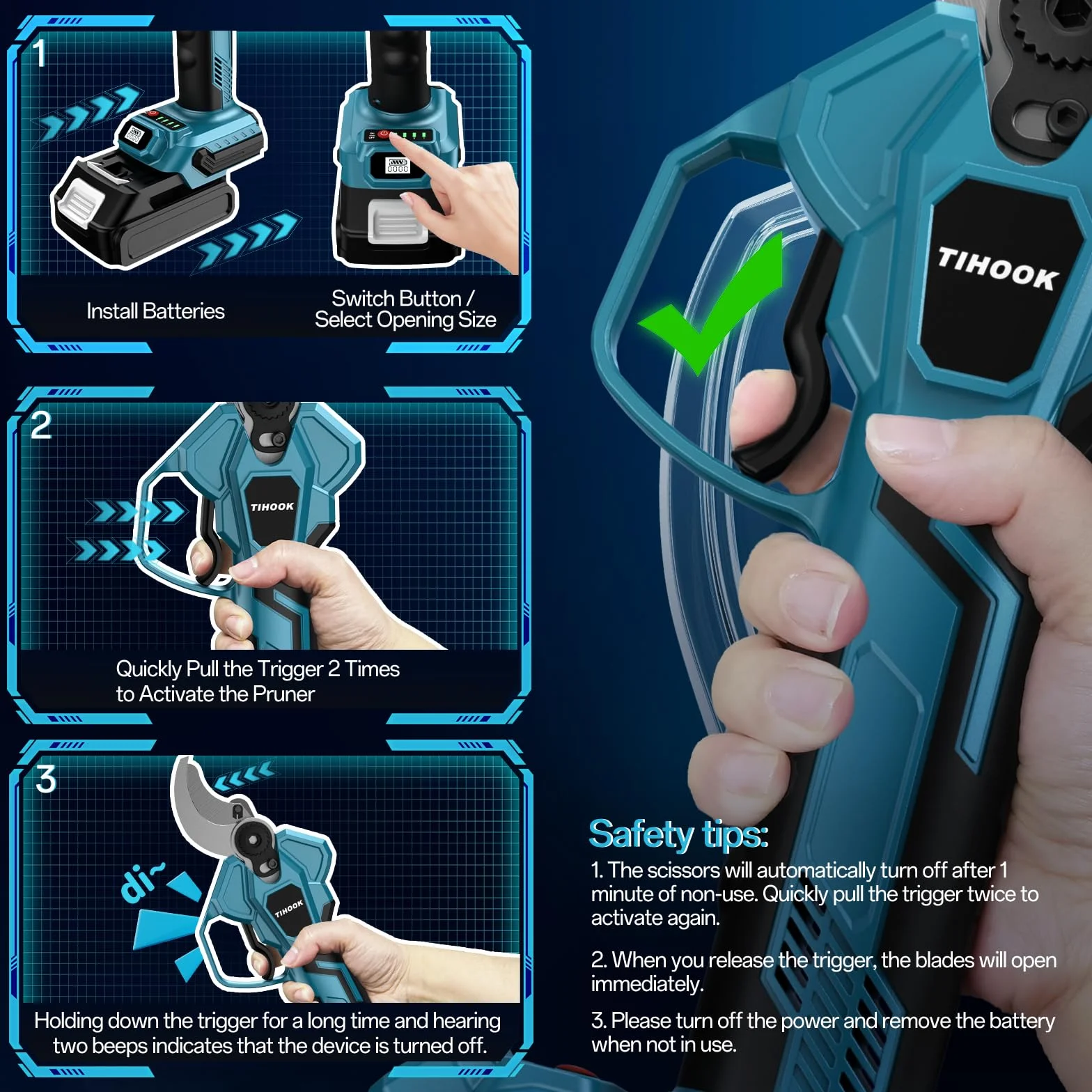 Akumulatorowe nożyce do gałęzi 18 V, elektryczne nożyce ogrodowe, maks. otwór 60 mm, kompatybilne z Makita BL-18 V, silnik bezszczotkowy, wyświetlacz LCD, do przycinania drzew (bez akumulatora