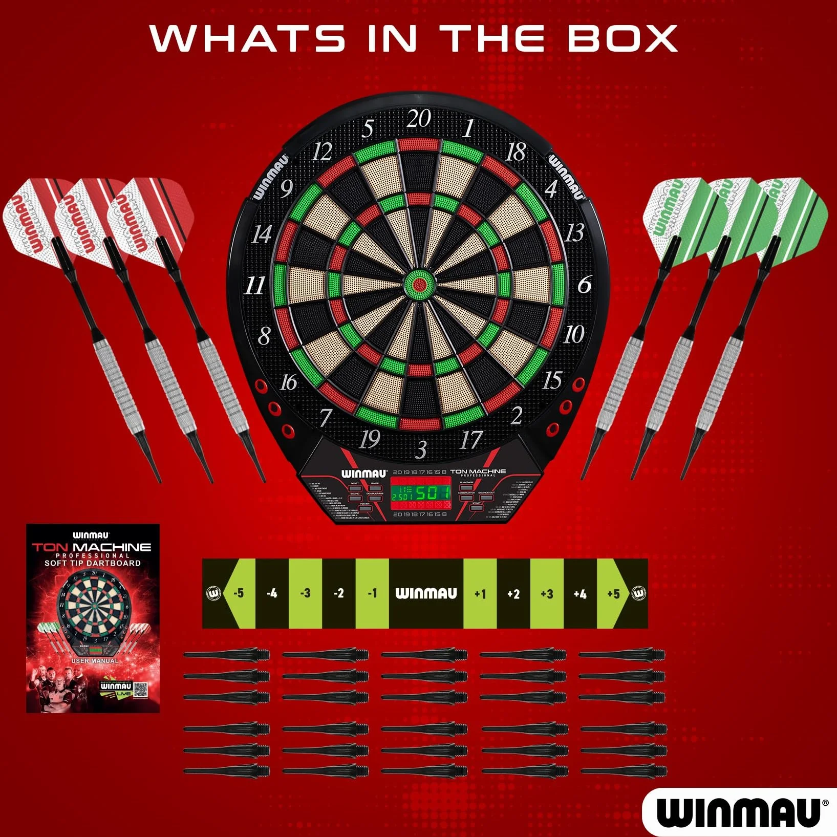 Winmau Darts - Ton Machine Elektroniczna tarcza do rzutek z ponad 90 grami i cyfrową tablicą wyników dla 8 graczy - 2 zestawy rzutek z miękką końcówką, linia oche & plastikowe końcówki do rzutek