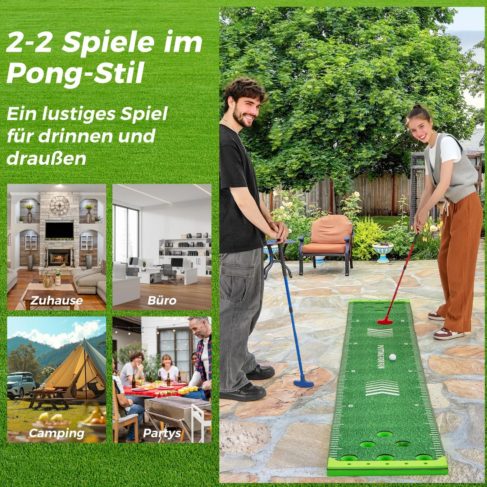 COSTWAY Mata do Golfa 332x50 cm Przenośna Zielona z Paterami Piłkami Otworami