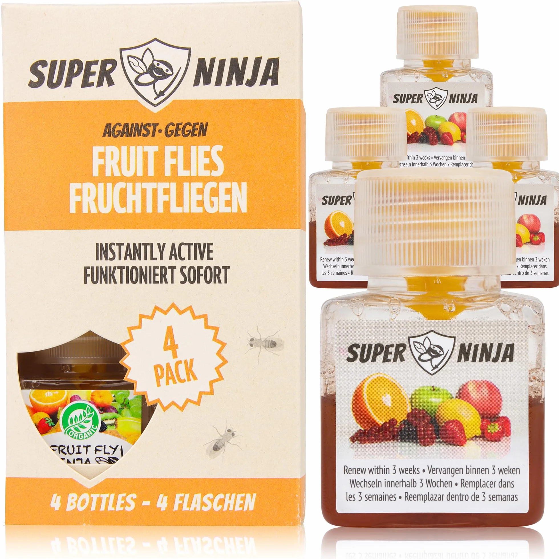 Super Ninja Pułapka na muchy owocowe - Ekologiczne i skuteczne pułapki na muchy owocowe do użytku wewnątrz pomieszczeń - Przyjazne dla środowiska - Do 3 tygodni na butelkę (4 Szt)