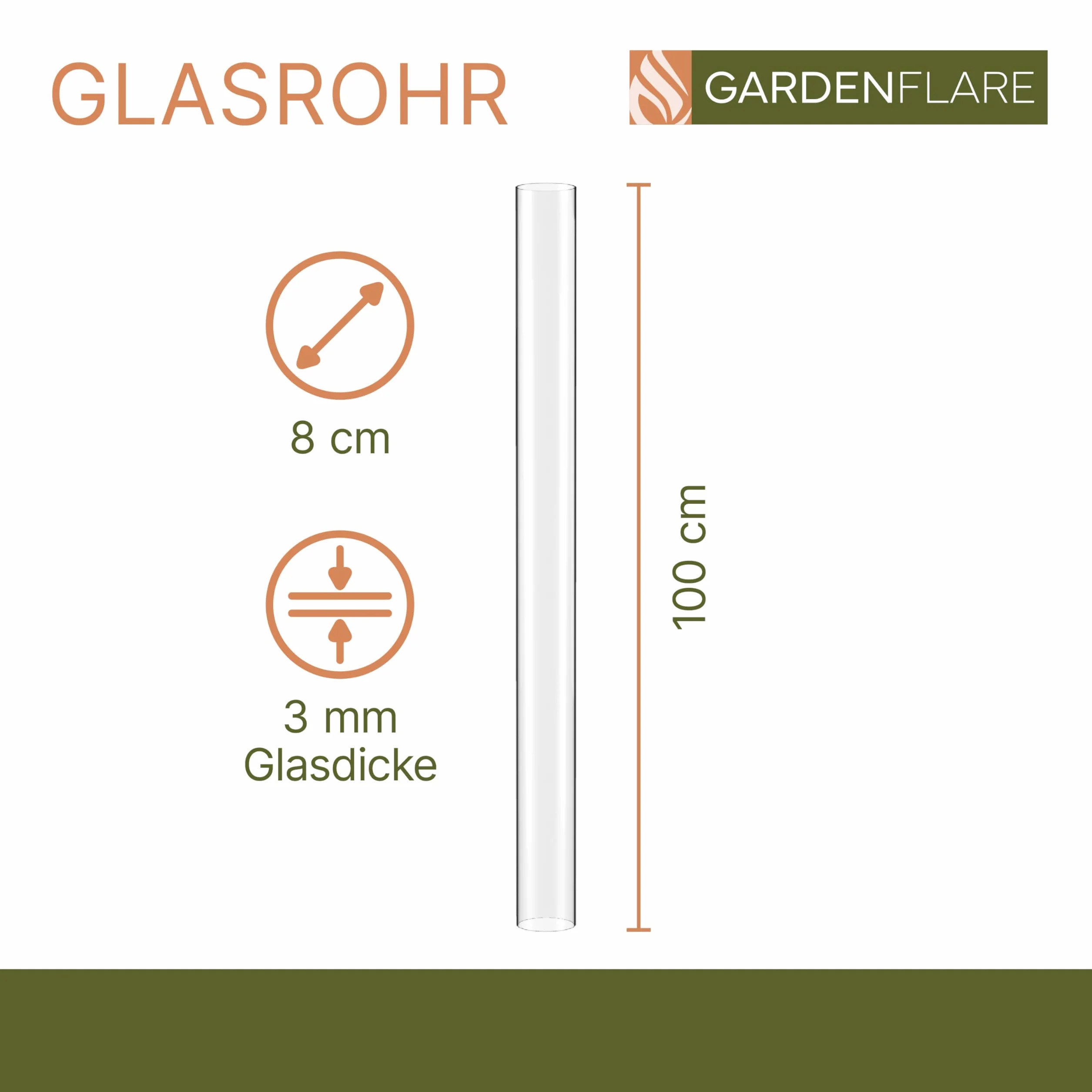 GARDENFLARE Szklana rurka, ognioodporny szklany cylinder do klasycznej latarki, palnika na pelety, bez podstawy, do grzejnika tarasowego, lampy grzewczej (100 cm)