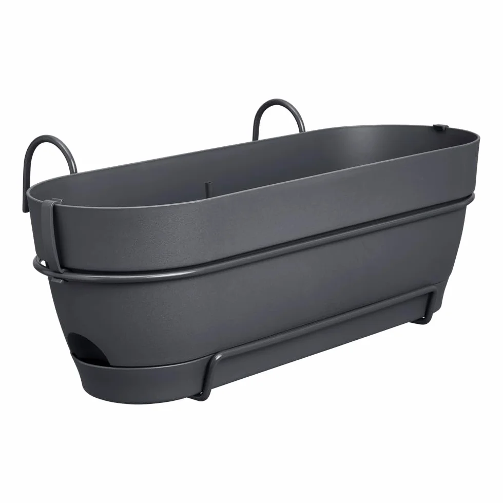 elho Vibia Campana Allin1 50 skrzynka balkonowa ze zbiornikiem na wodę, balustrada balkonowa, w 100% z plastiku pochodzącego z recyklingu, Ø 50,4 x wys. 17,7 cm, czarna/antracytowa