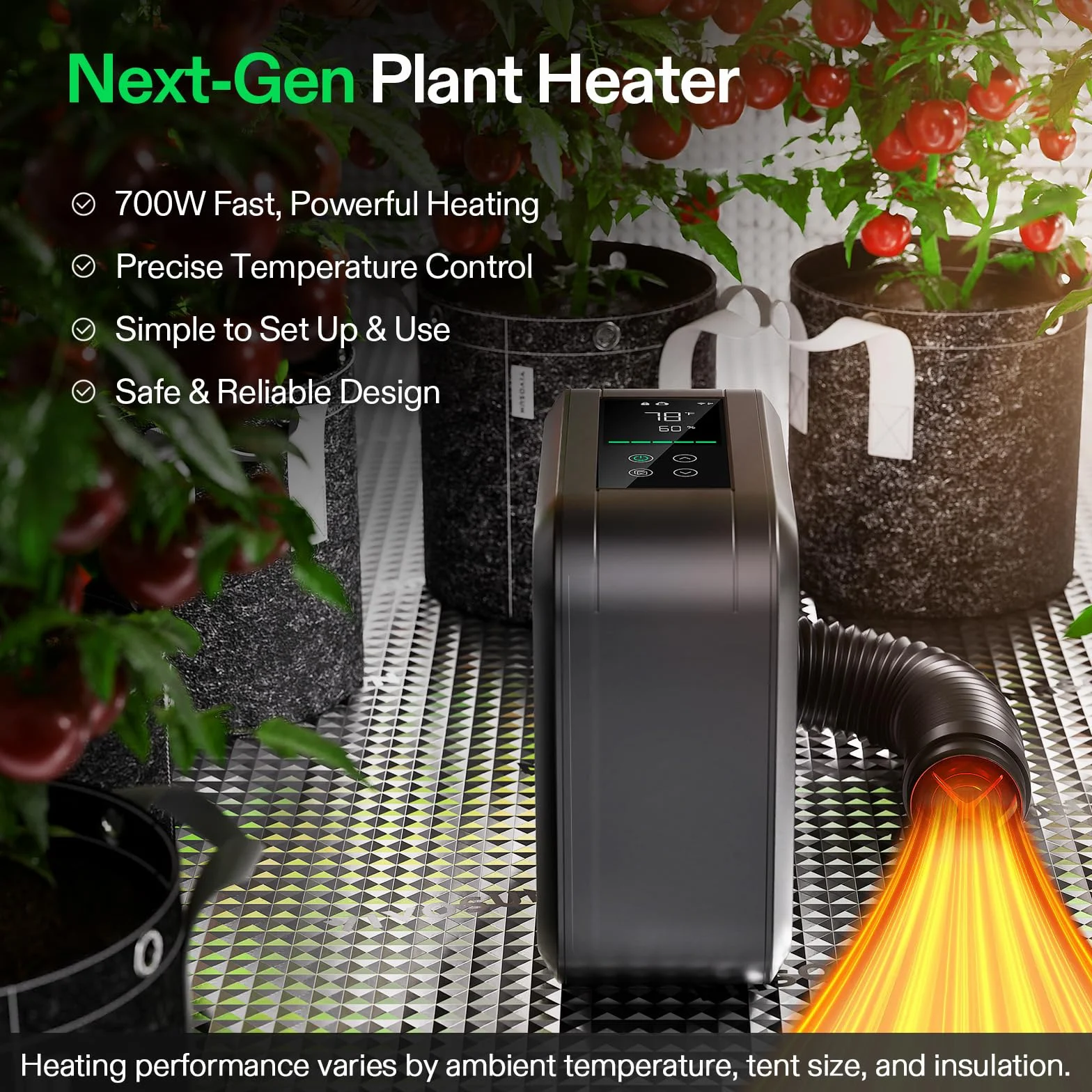 VIVOSUN AeroFlux Smart Grow Tent Heater, 700 W ogrzewanie PTC z termostatem, monitorowanie VPD, sterowanie aplikacją, zabezpieczenie przed przegrzaniem i wąż przedłużający, do namiotów uprawnych