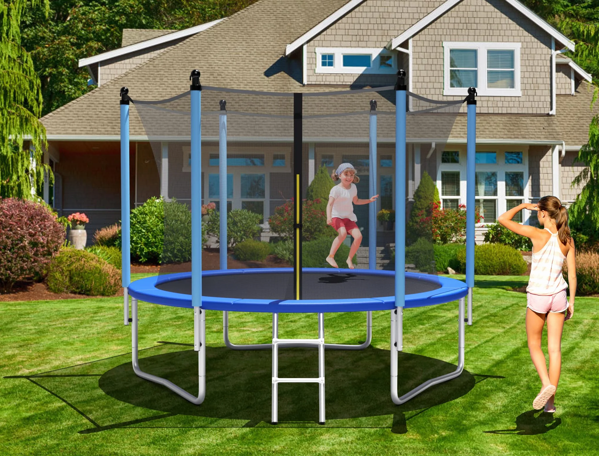 COSTWAY Trampolina ogrodowa Ø 244/305/366/427 cm, z certyfikatem GS, trampolina dziecięca z drabinką, siatką zabezpieczającą i osłoną krawędzi, kompletny zestaw do ogrodu, na zewnątrz