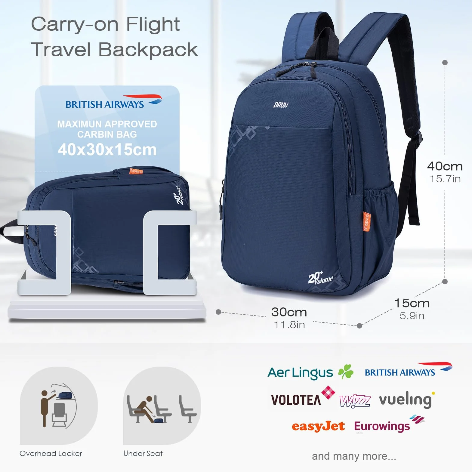 SPAHER 20L Plecak Bagaż Podręczny 40x30x15 British Airways Wizzair Vueling Wodoodporny Plecak Podróżny Ultralekki Plecak na Laptopa Plecak Podróżny Samolotem na Kobiety Mężczyźni