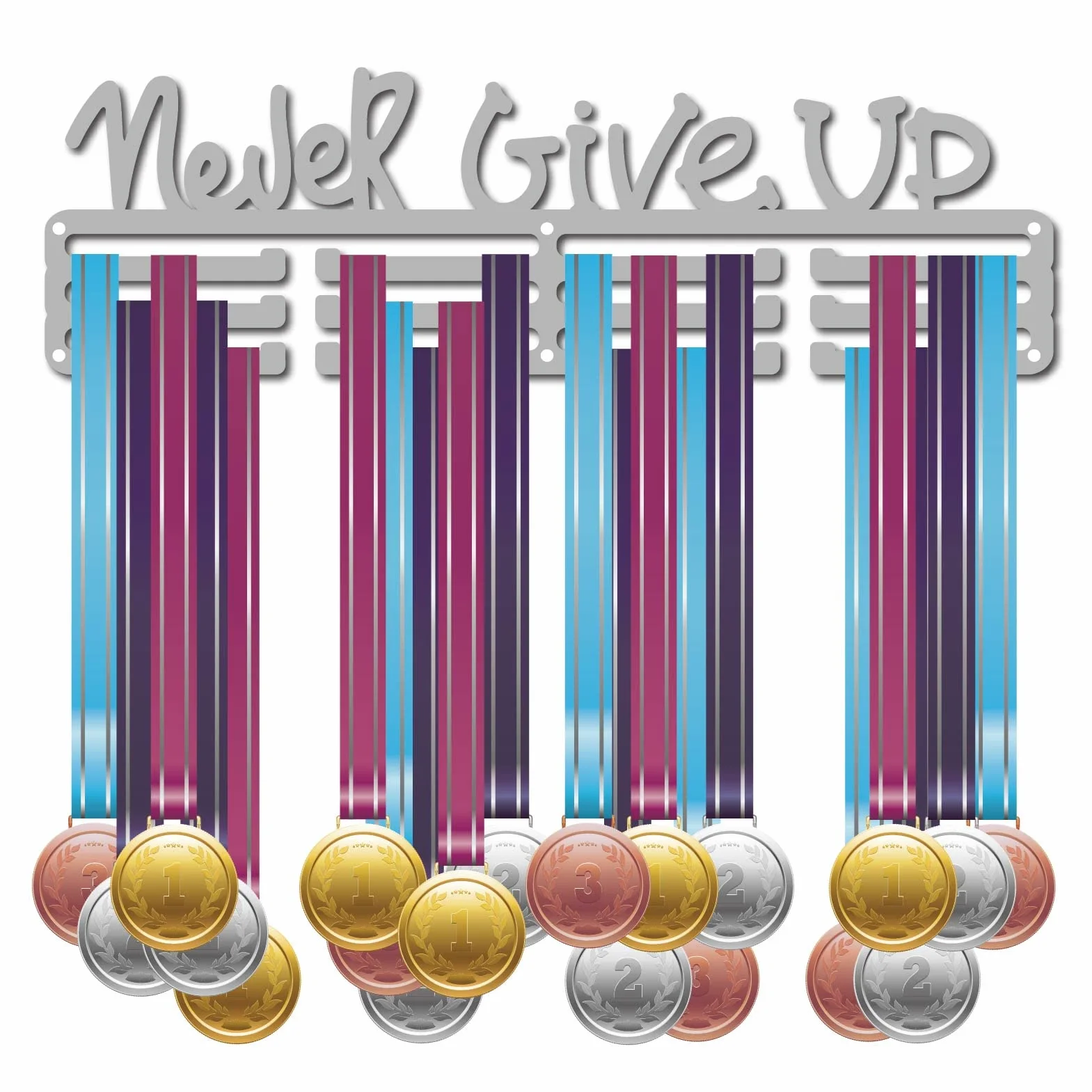CREATCABIN Uchwyt na medale 'Never Give Up' sportowy wieszak ekspozycyjny stojak nagrody metalowy uchwyt na smycz solidny montowany na ścianie pływak biegacz sportowcy gimnastyka prezent ponad 60 medali olimpijskie