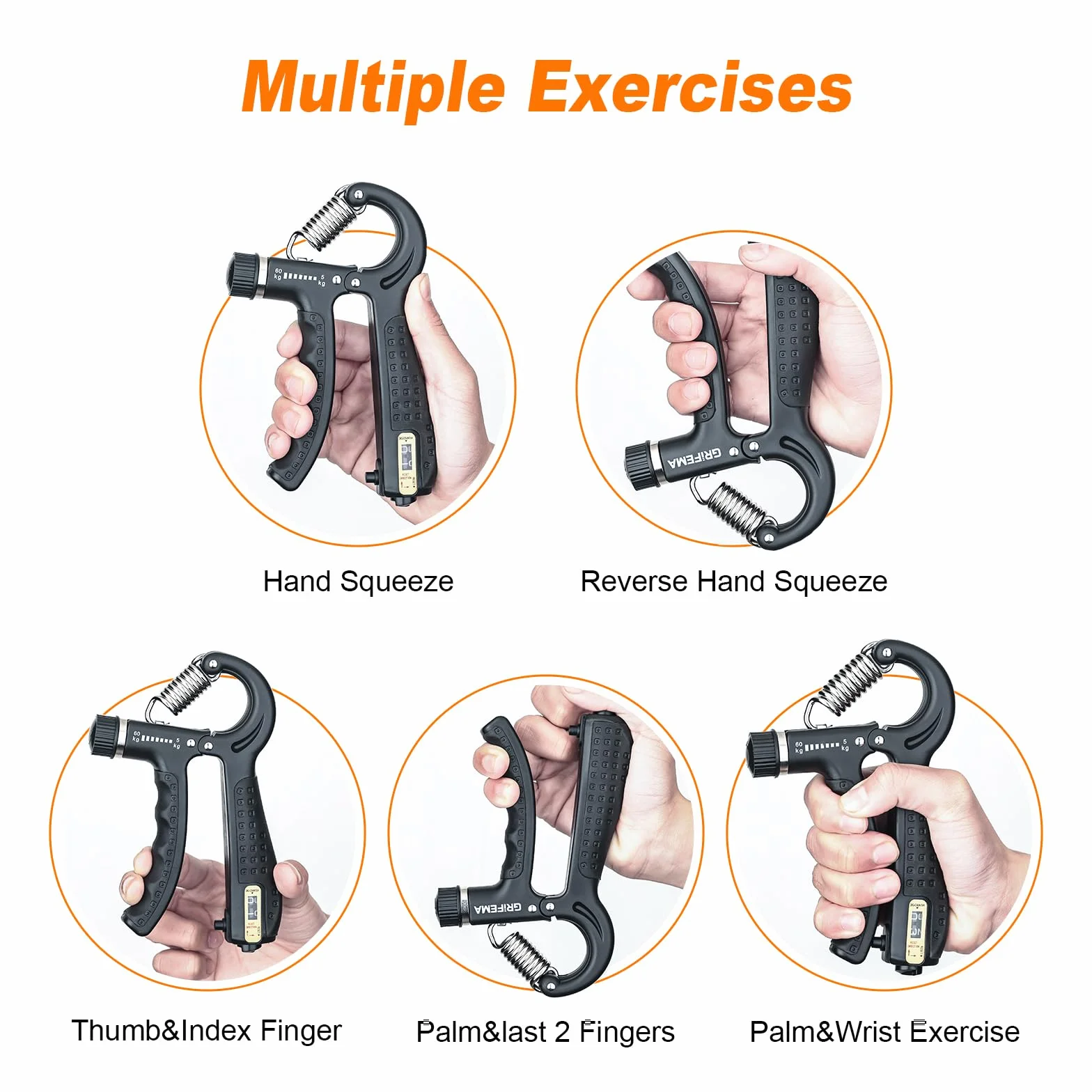GRIFEMA GA5003 Hand Grip, Regulowany Trener Dłoni 5-60kg z Funkcją Licznika, do Treningu Uchwyty, Czarny