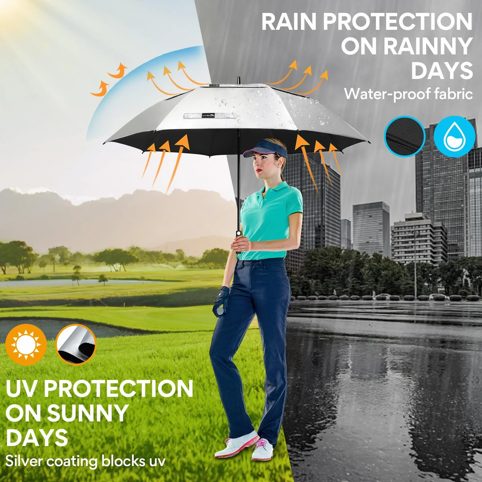 ZOMAKE Parasol golfowy UV 68 cali Upf 50+ Wiatroodporny Samootwierający Wentylowany Czarny