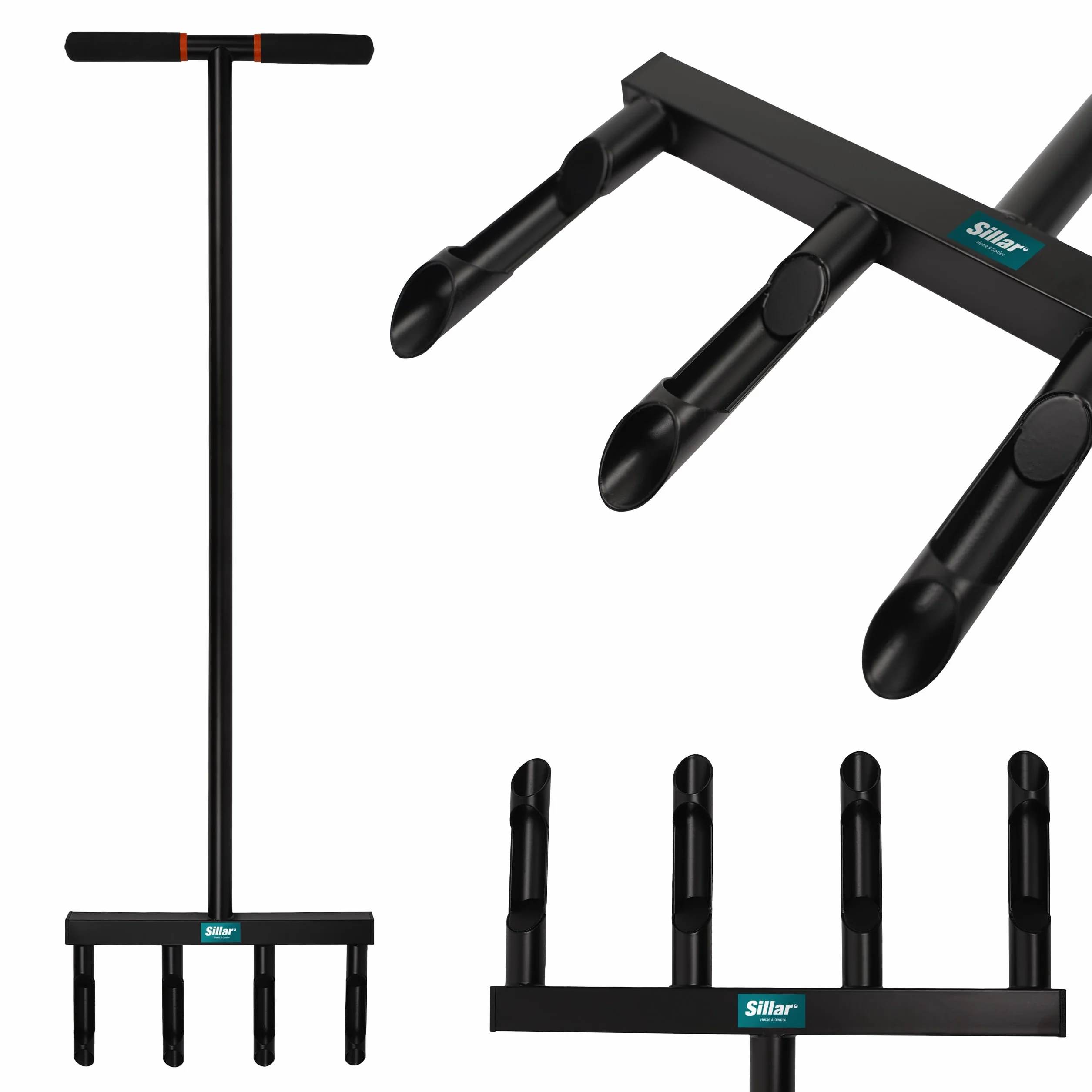 Sillar Napowietrzacz do trawnika, ręczny napowietrzacz podłogowy ze stali węglowej z 4 kolcami rurowymi 12 cm, 103 cm długości, uchwyt T, urządzenie ogrodowe do pielęgnacji i regeneracji trawnika