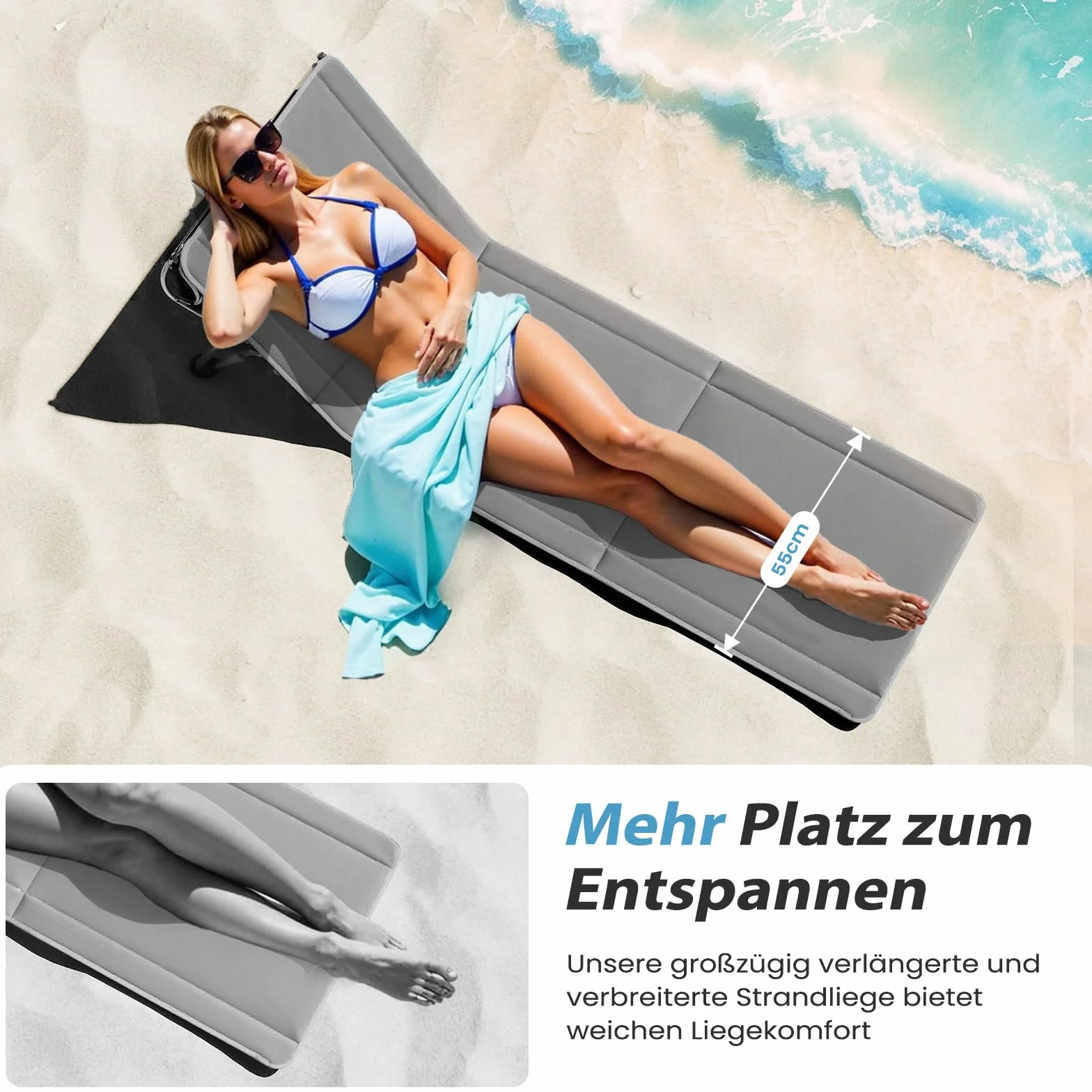 UDPATIO Zestaw 2 mat plażowych z oparciem, regulowane leżaki plażowe, składane, lekkie, składane leżaki na plażę, obciążenie 150 kg, mata przeciwsłoneczna, wyściełana torbą, szara, wodoszczelna