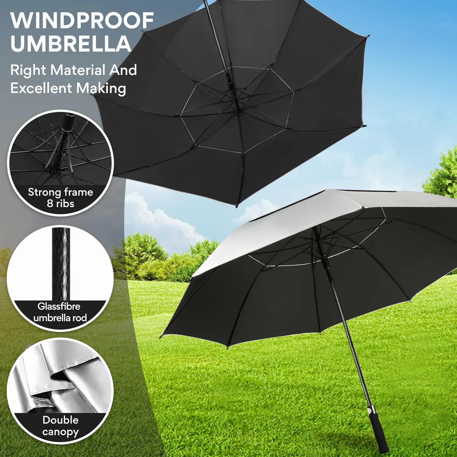 ZOMAKE Parasol golfowy UV 68 cali Upf 50+ Wiatroodporny Samootwierający Wentylowany Czarny