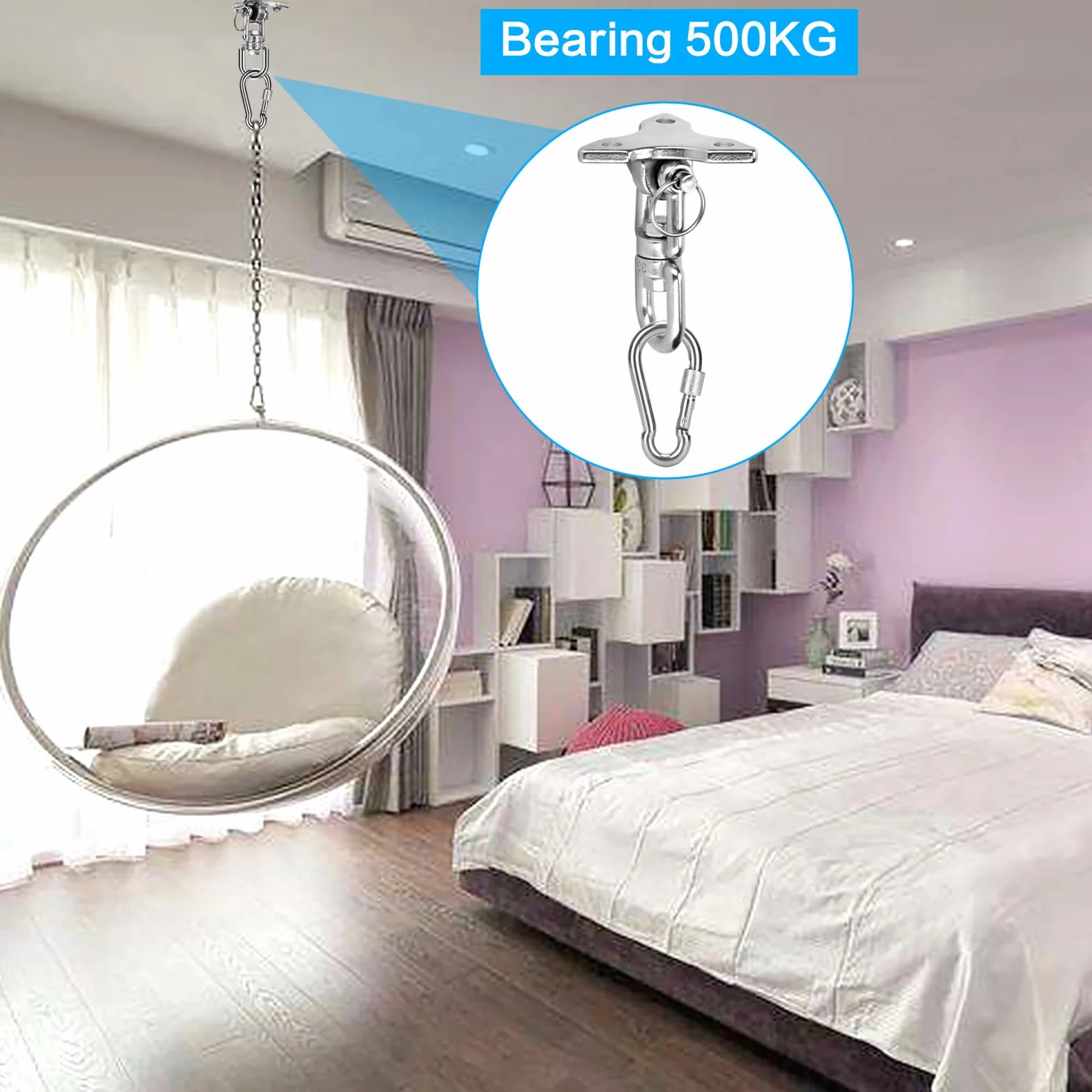 Hak sufitowy, fotel wiszący, obracany o 360°, hak na huśtawkę, pojemność 500 kg, stal nierdzewna, uchwyt sufitowy, hak sufitowy, do betonu, drewna, hamaków, krzeseł, worka bokserskiego, trapezu