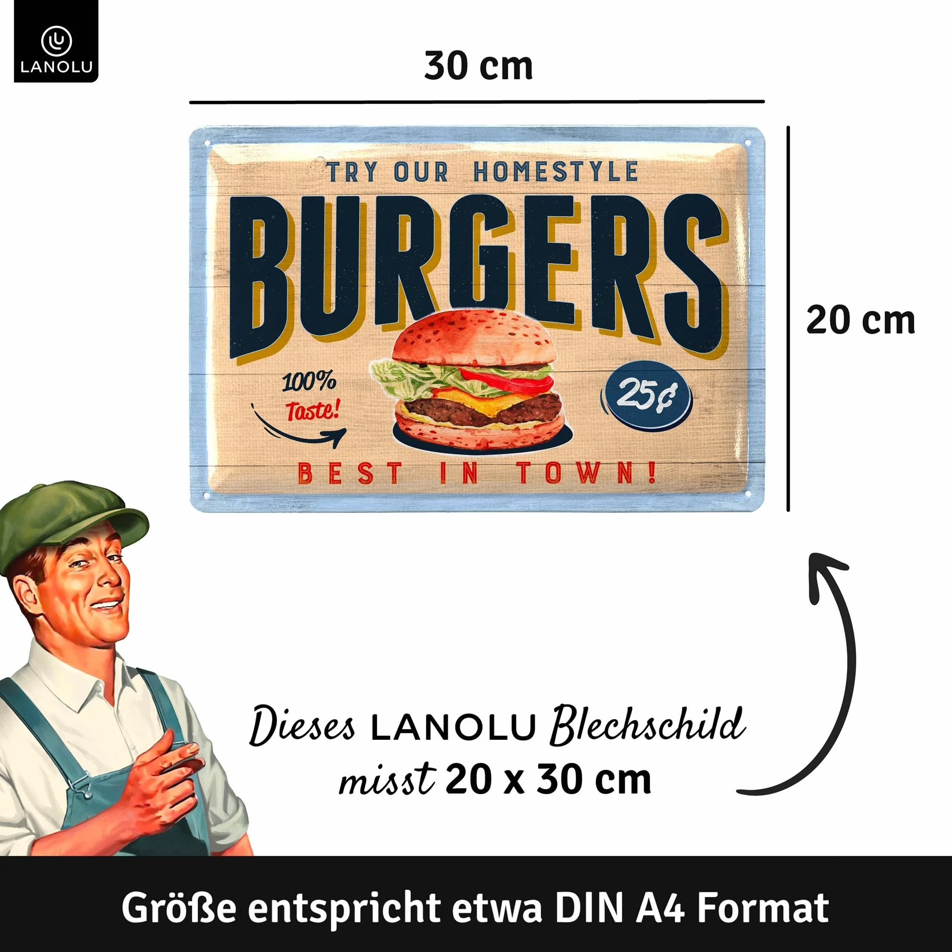 LANOLU Blaszane tabliczki w stylu retro do kuchni – Burgers – blaszana tabliczka grillowa – dekoracja retro vintage – miejsce na grill, ogród, bar, dekoracja kuchni – metalowe tabliczki 20 x 30 cm