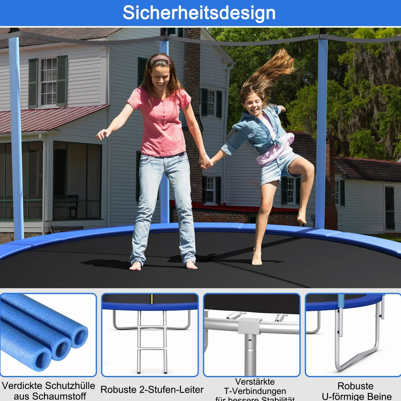 COSTWAY Trampolina ogrodowa Ø 244/305/366/427 cm, z certyfikatem GS, trampolina dziecięca z drabinką, siatką zabezpieczającą i osłoną krawędzi, kompletny zestaw do ogrodu, na zewnątrz