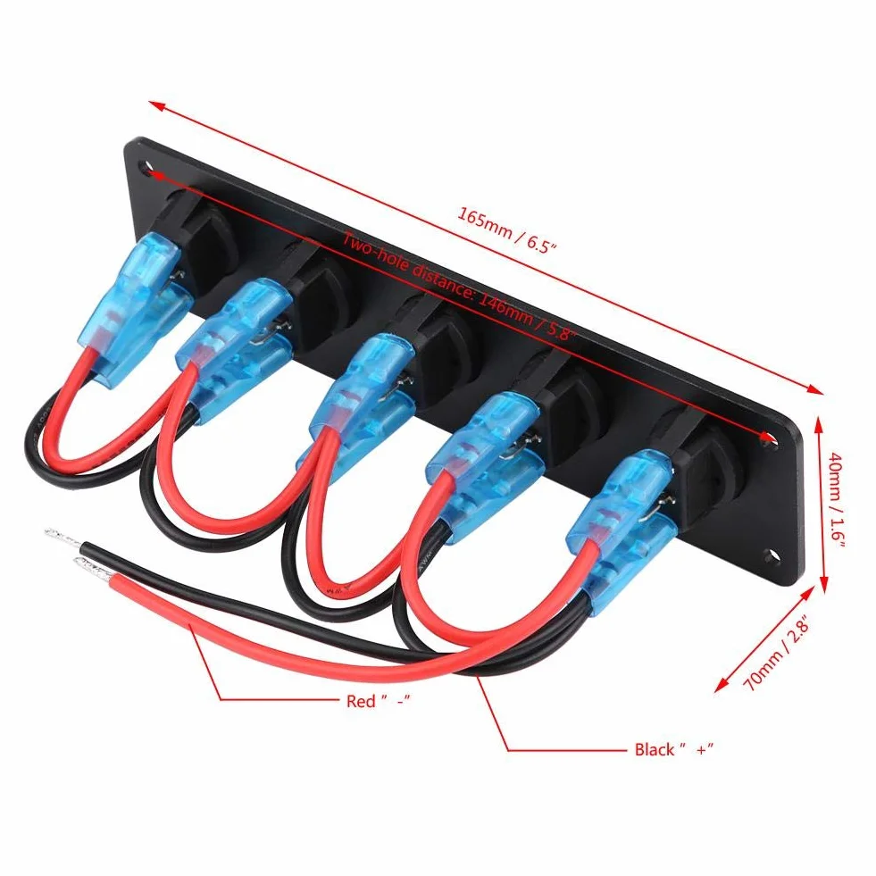 Keenso Panel przełącznika kołyskowego 12 V / 24 V, wodoodporny, 5 Gwintowany okrągły przełącznik Dash Blue LED do kampera, łodzi, jachtu morskiego, 12 V, gniazdko elektryczne