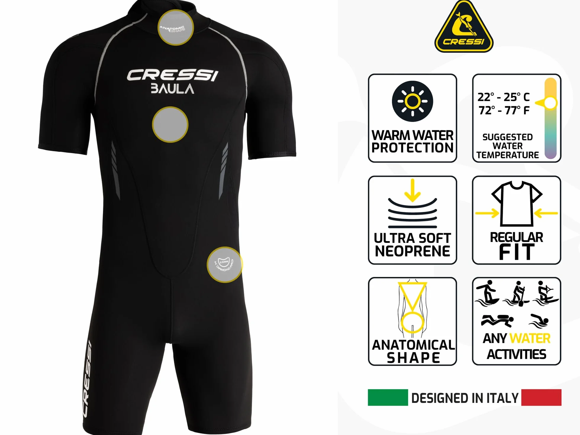 CRESSI Baula Man Shorty Wetsuit 2.5mm L Black/Yellow Double-lined Neoprene for Diving Snorkelling