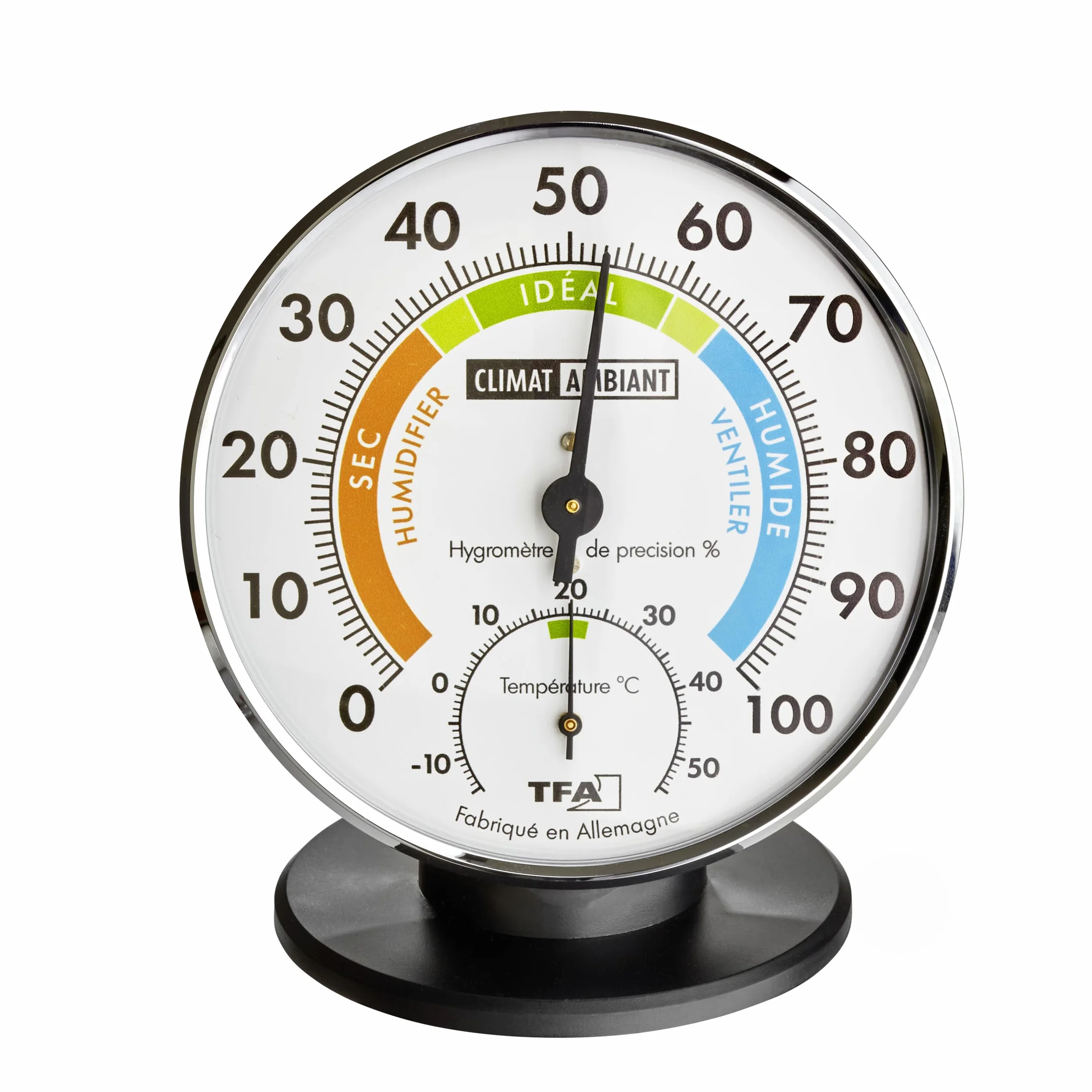 TFA Dostmann Precyzyjny termohigrometr w języku francuskim, 45.2033.FR, do kontroli klimatu w pomieszczeniu, analogowy, kontrola temperatury/wilgotności powietrza, srebrny/czarny